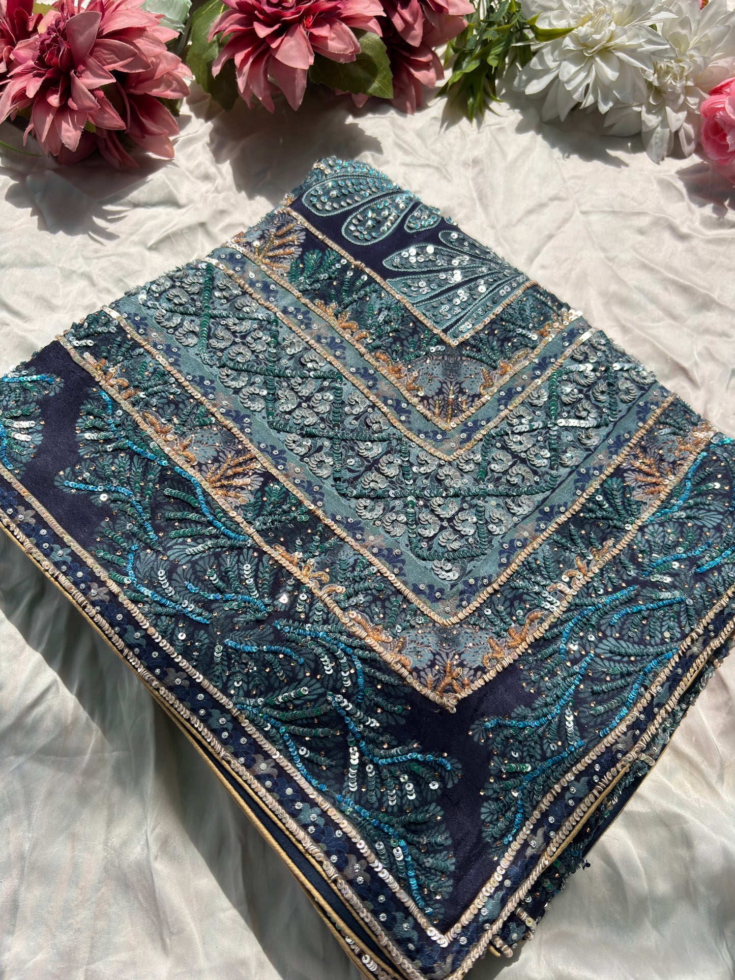 Navy Blue Designer Saree with Sequin Embroidery & Heavy Work Blouse