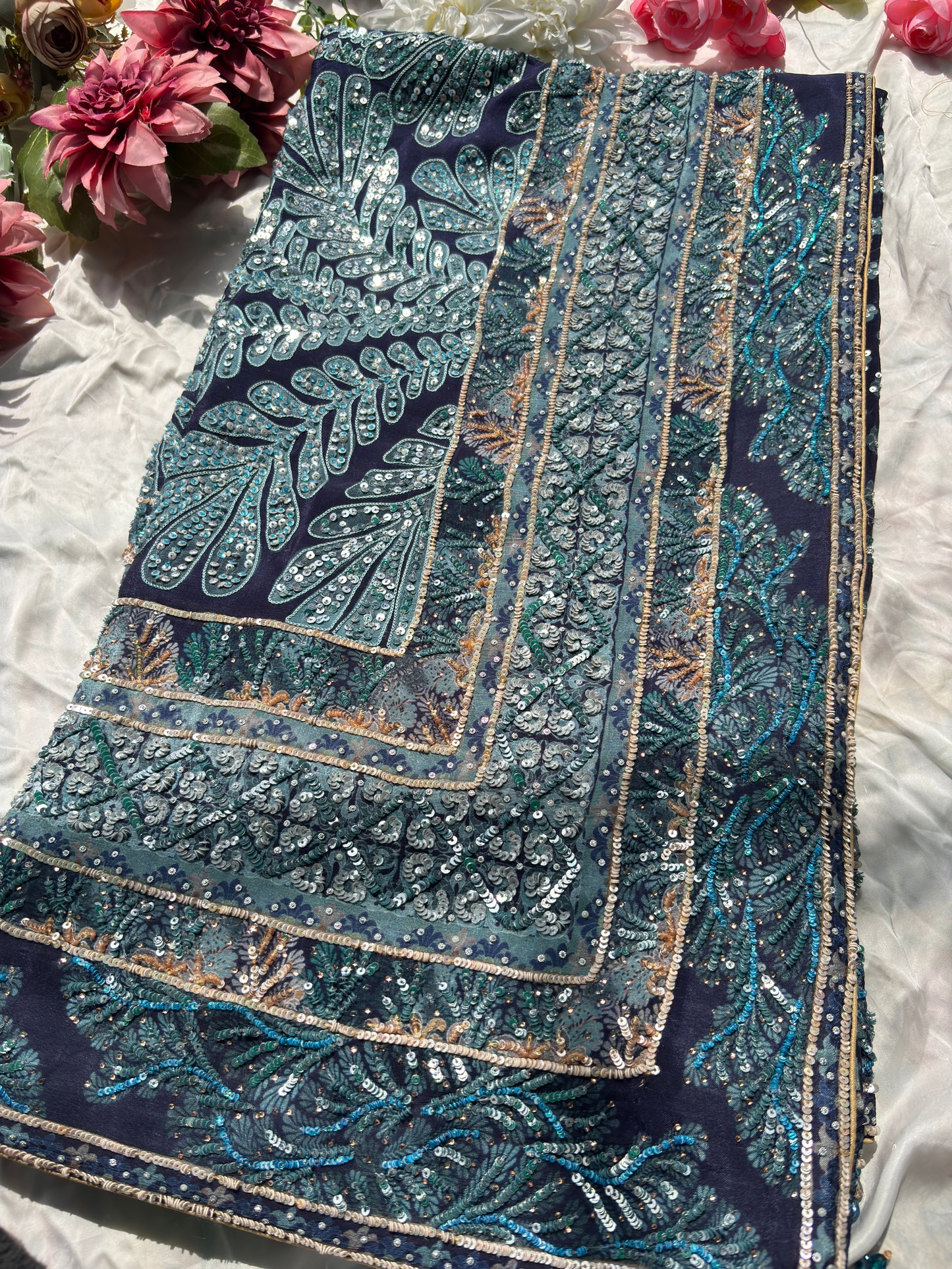 Navy Blue Designer Saree with Sequin Embroidery & Heavy Work Blouse