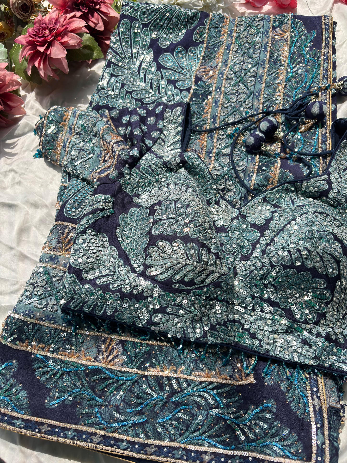 Navy Blue Designer Saree with Sequin Embroidery & Heavy Work Blouse