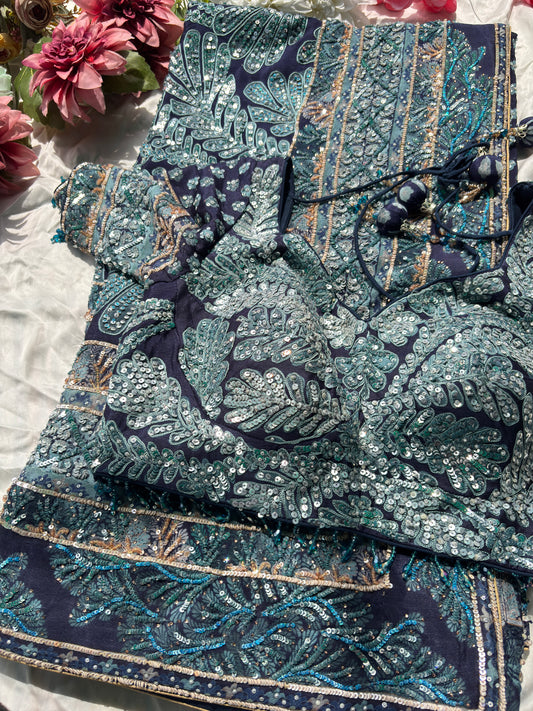 Navy Blue Designer Saree with Sequin Embroidery & Heavy Work Blouse