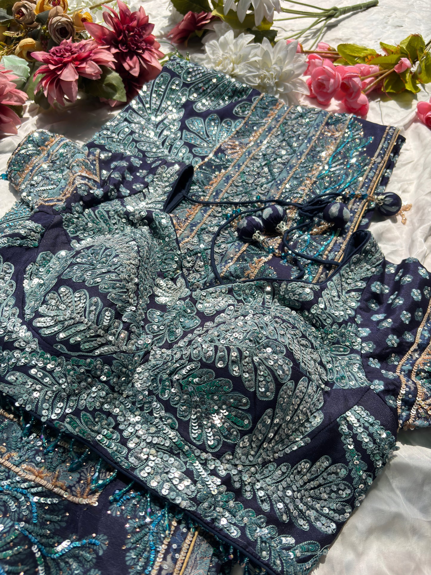 Navy Blue Designer Saree with Sequin Embroidery & Heavy Work Blouse