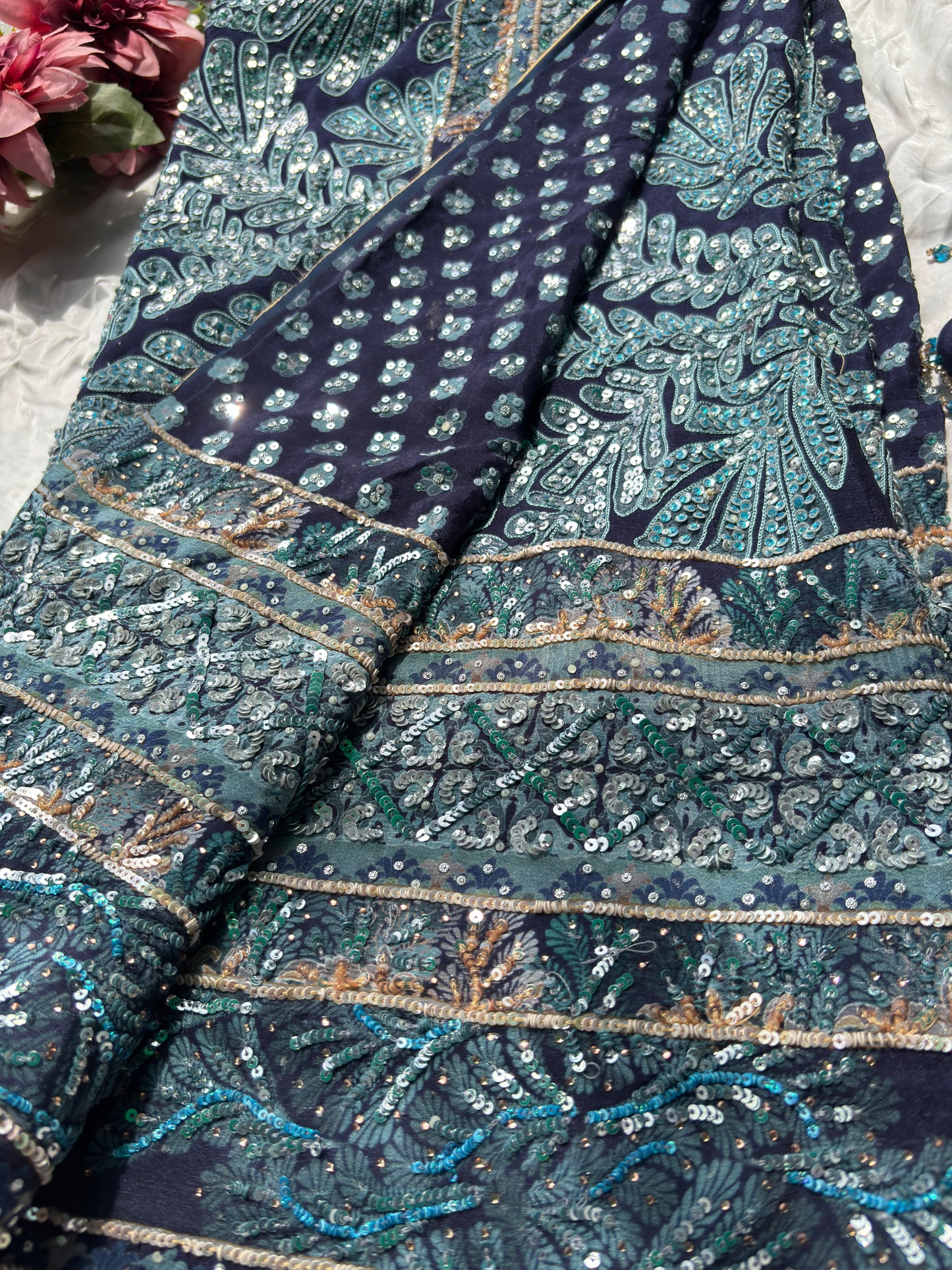 Navy Blue Designer Saree with Sequin Embroidery & Heavy Work Blouse