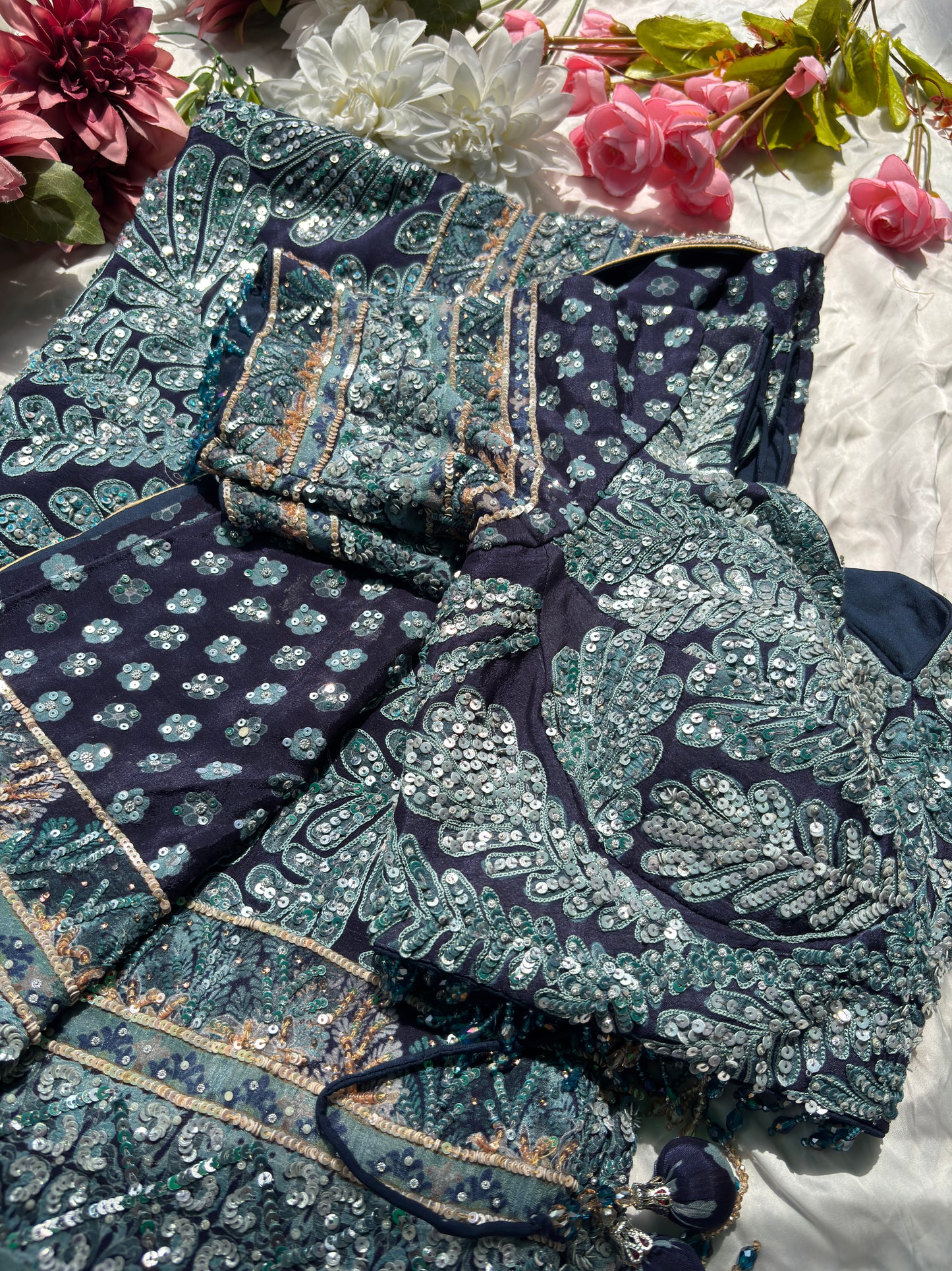 Navy Blue Designer Saree with Sequin Embroidery & Heavy Work Blouse