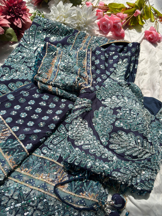 Navy Blue Designer Saree with Sequin Embroidery & Heavy Work Blouse