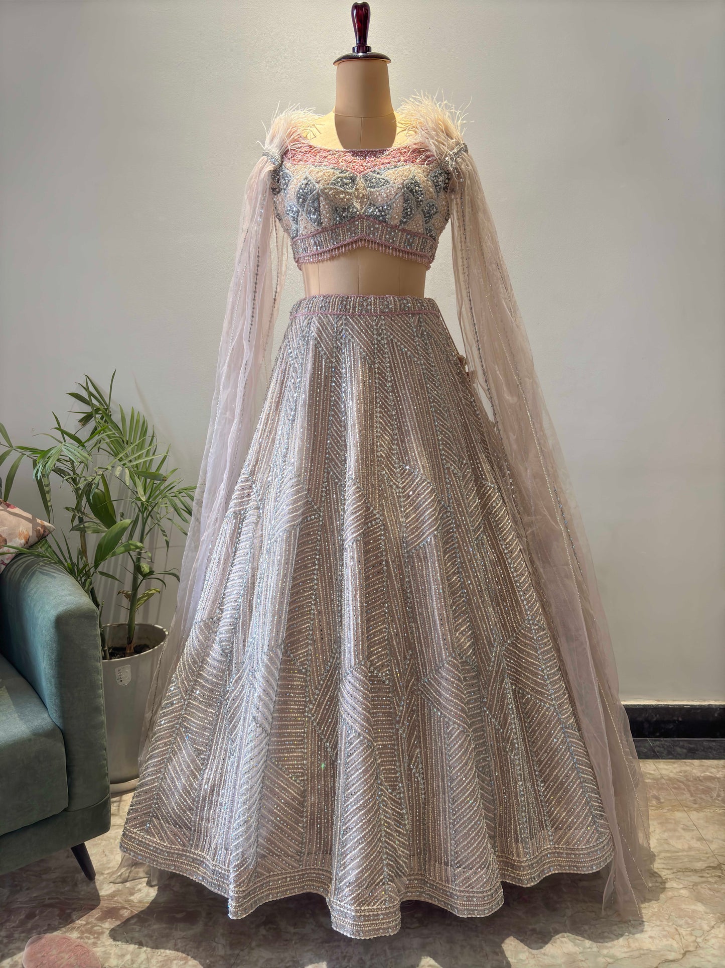 Designer Inspired Lehenga with Miror, Sequins & Pearl Work