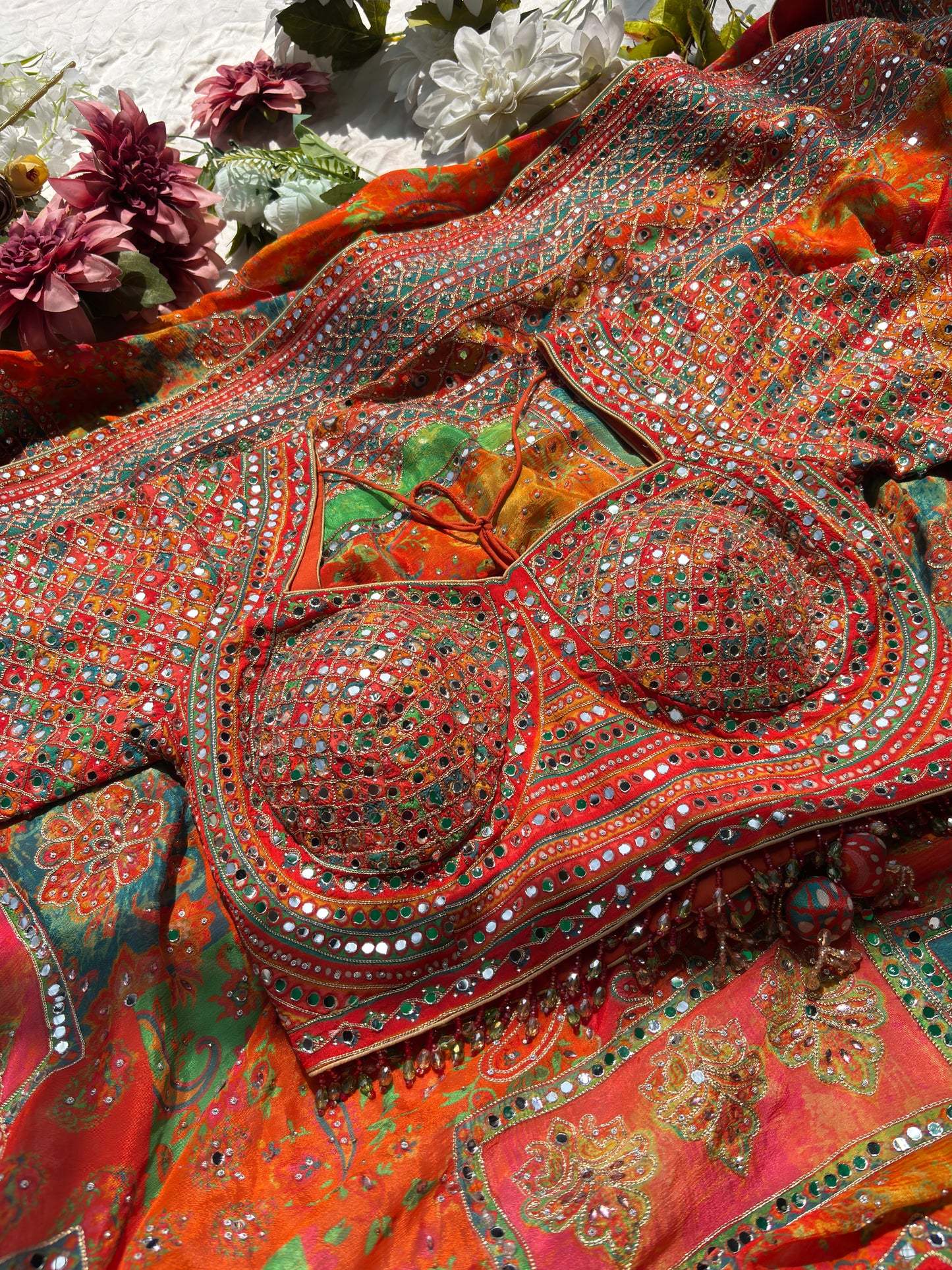 Multicolor Designer Saree with Mirror Work & Heavy Embroidered Blouse