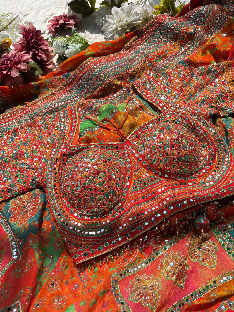 Multicolor Designer Saree with Mirror Work & Heavy Embroidered Blouse