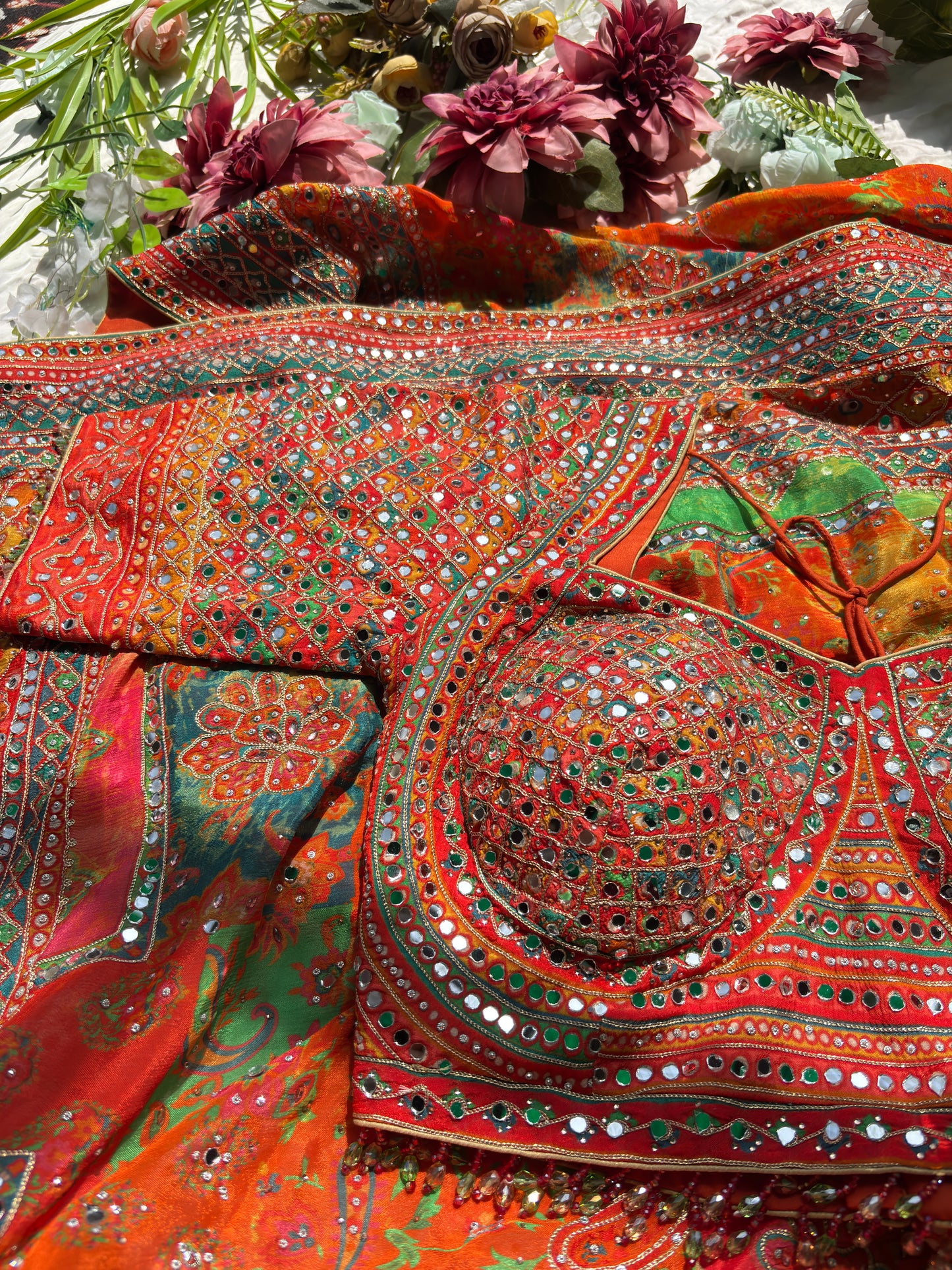 Multicolor Designer Saree with Mirror Work & Heavy Embroidered Blouse