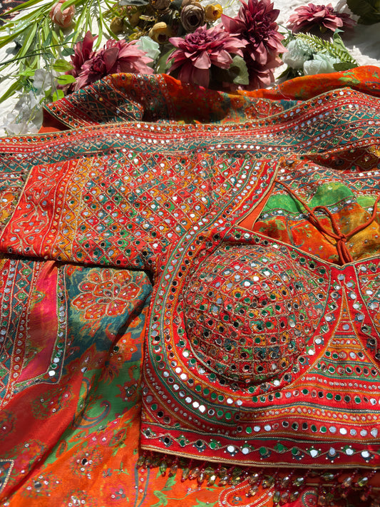 Multicolor Designer Saree with Mirror Work & Heavy Embroidered Blouse