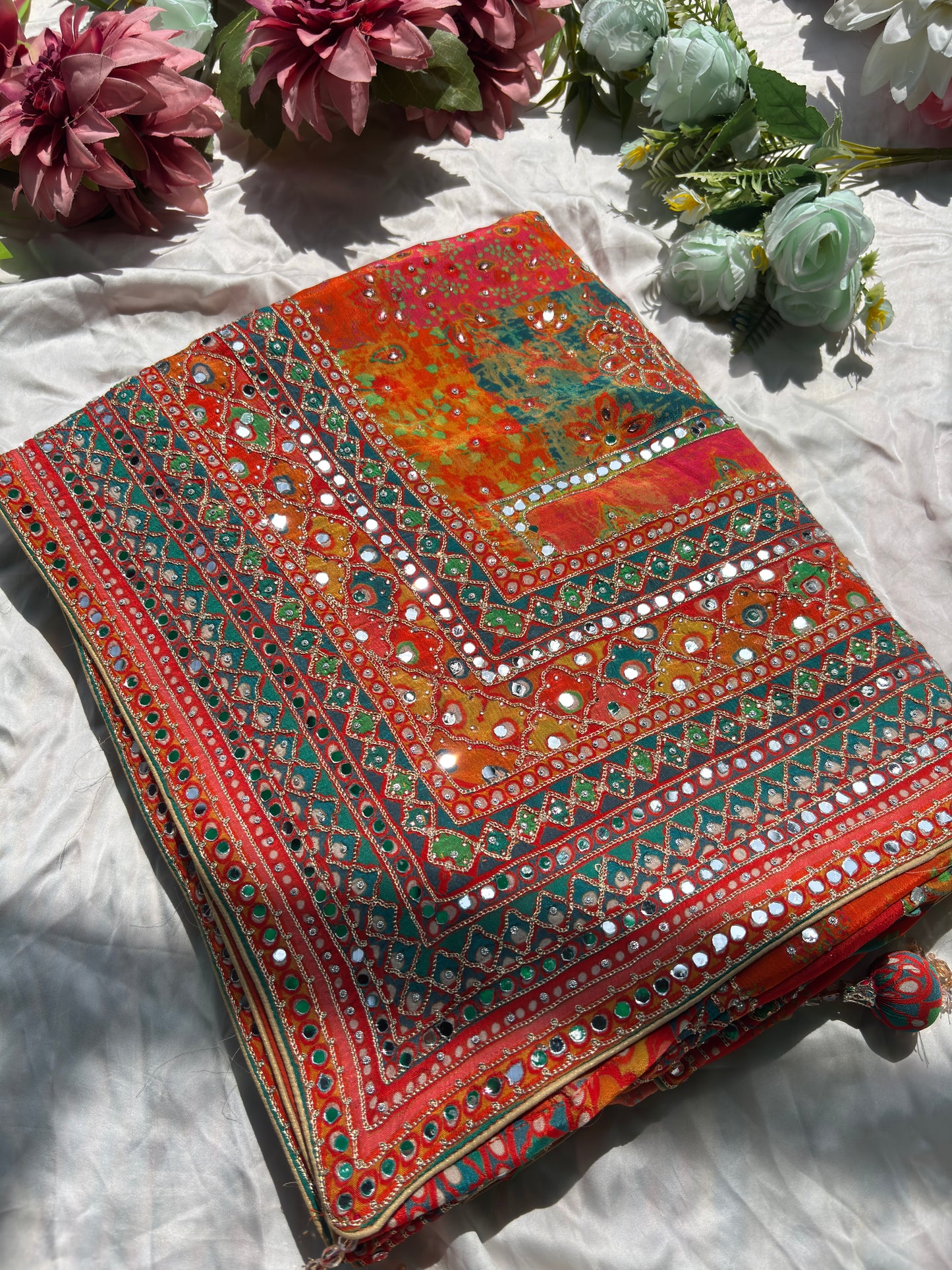 Multicolor Designer Saree with Mirror Work & Heavy Embroidered Blouse