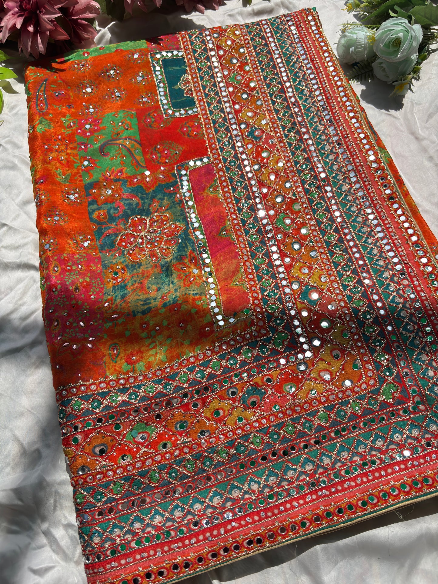 Multicolor Designer Saree with Mirror Work & Heavy Embroidered Blouse