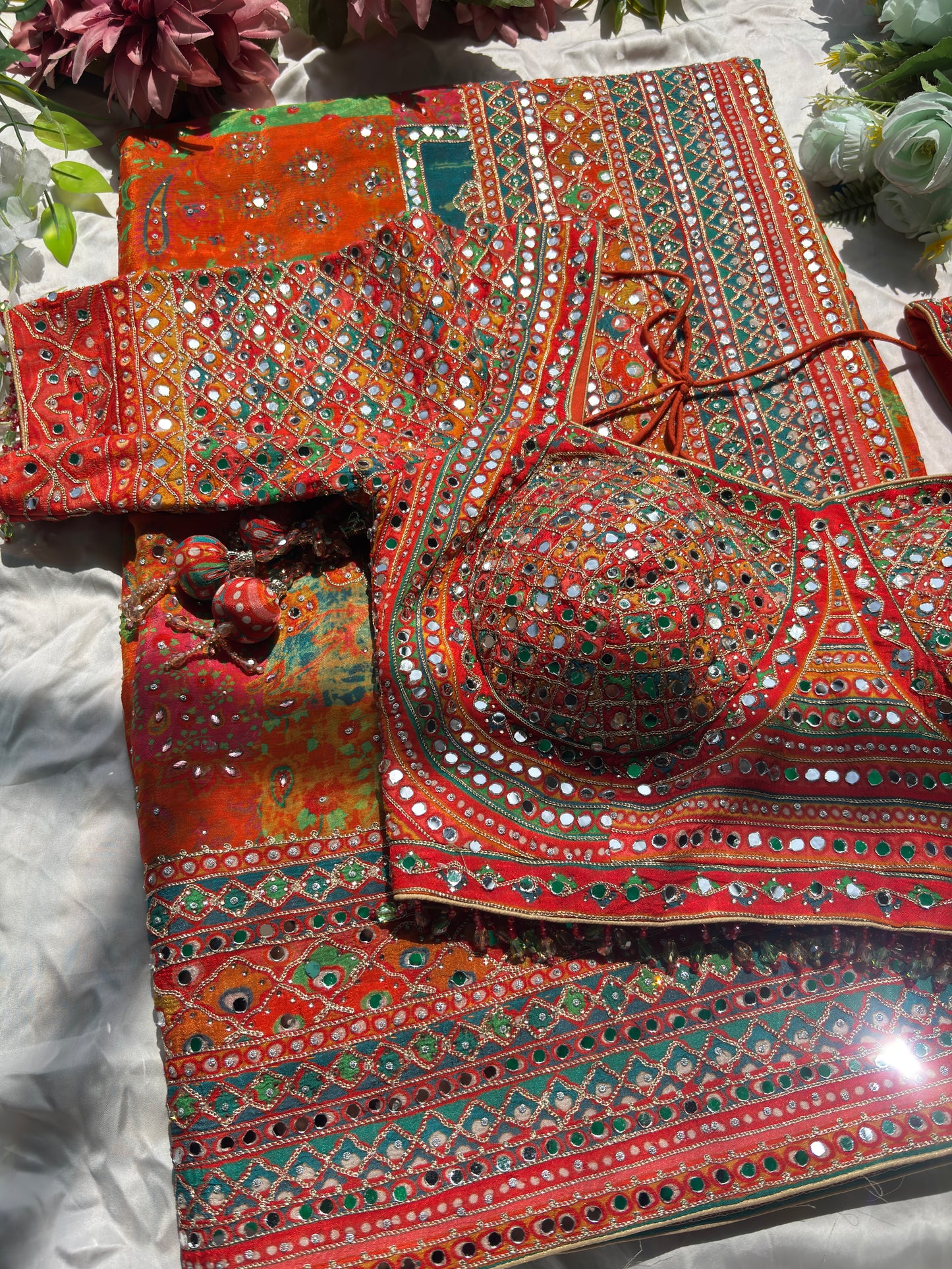 Multicolor Designer Saree with Mirror Work & Heavy Embroidered Blouse