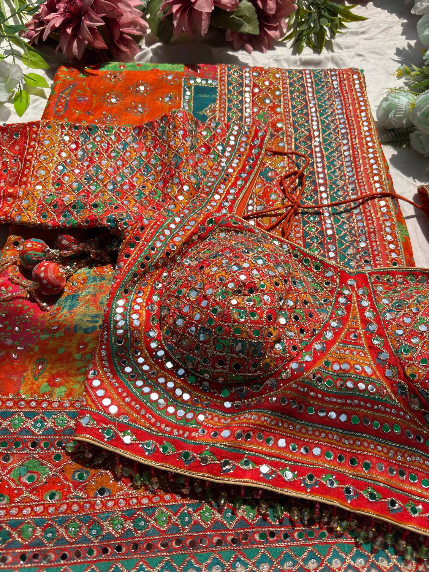 Multicolor Designer Saree with Mirror Work & Heavy Embroidered Blouse