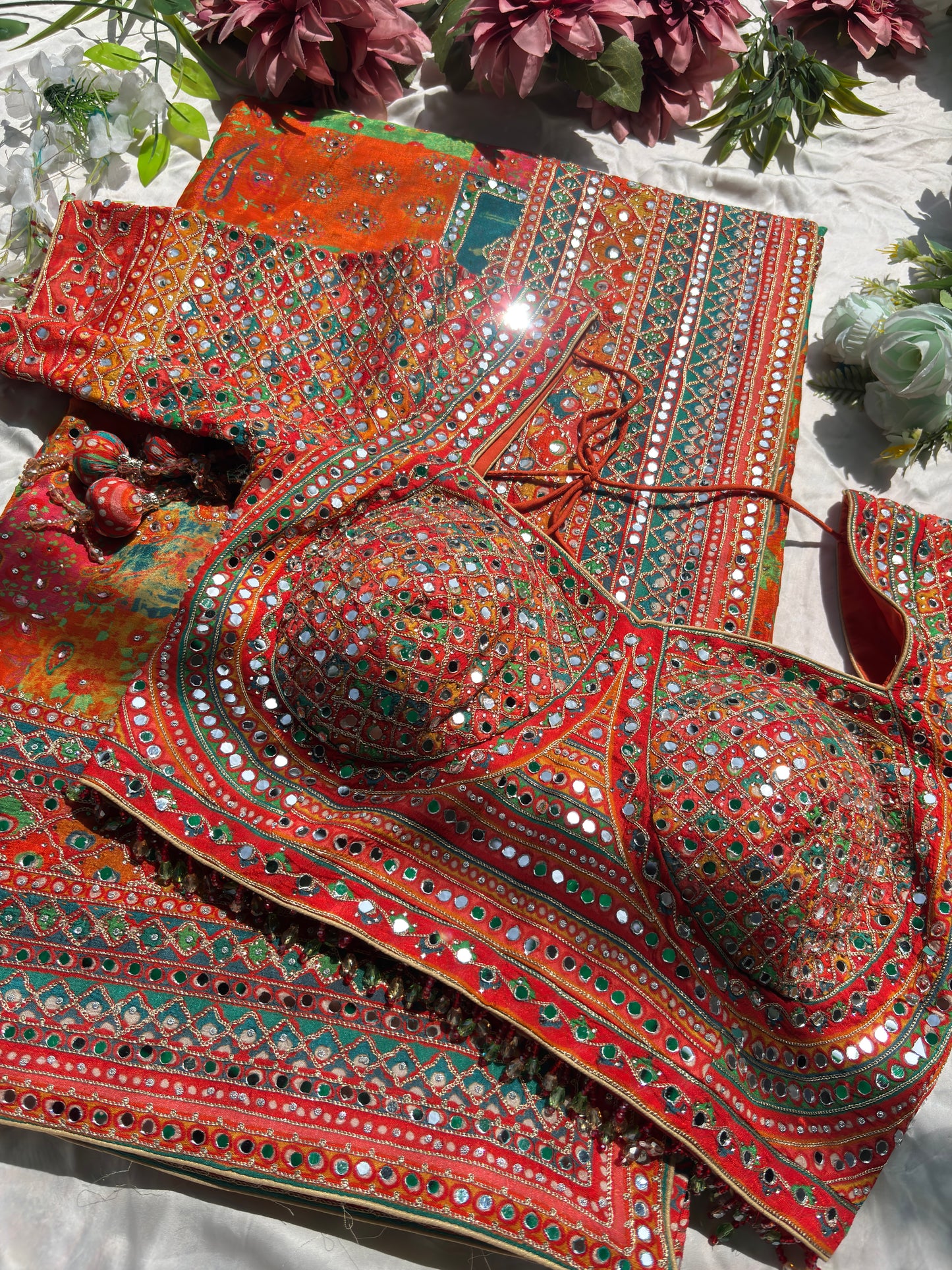 Multicolor Designer Saree with Mirror Work & Heavy Embroidered Blouse