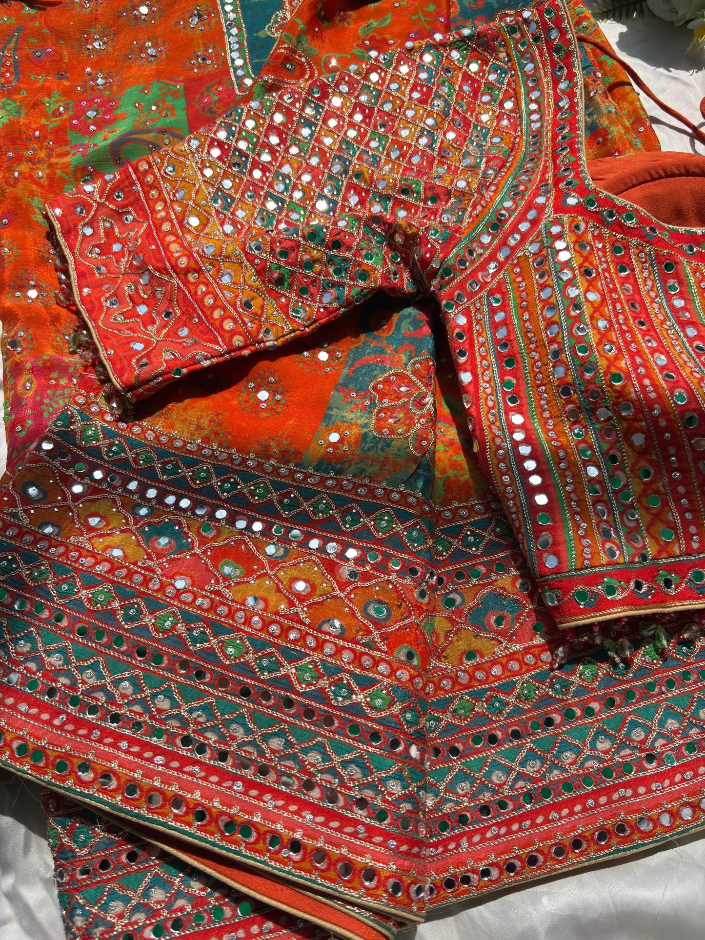 Multicolor Designer Saree with Mirror Work & Heavy Embroidered Blouse