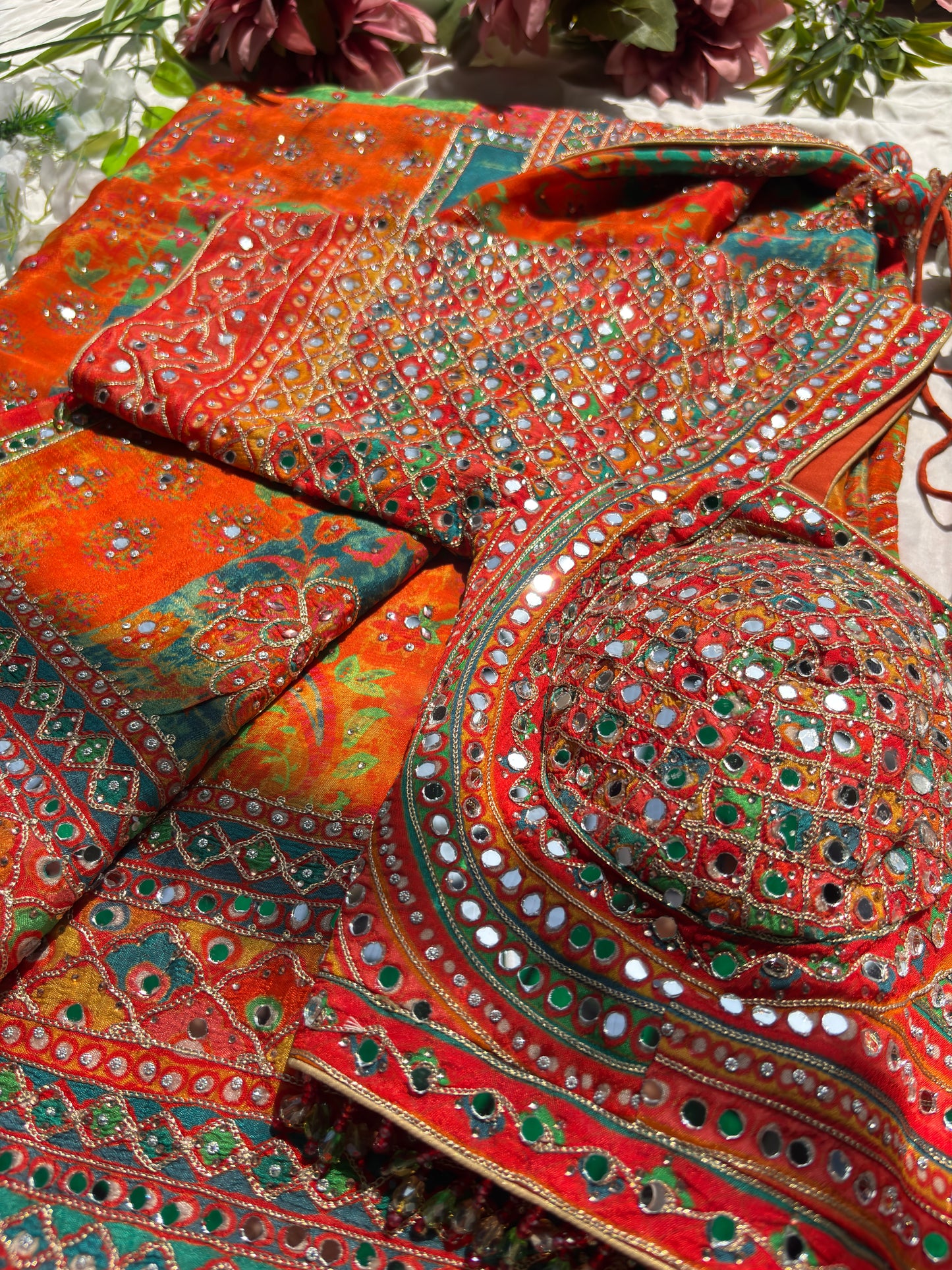 Multicolor Designer Saree with Mirror Work & Heavy Embroidered Blouse