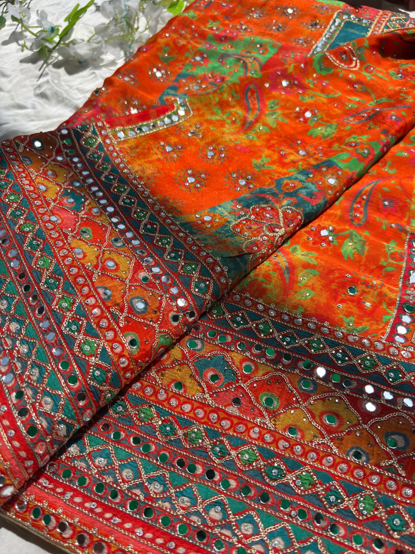 Multicolor Designer Saree with Mirror Work & Heavy Embroidered Blouse