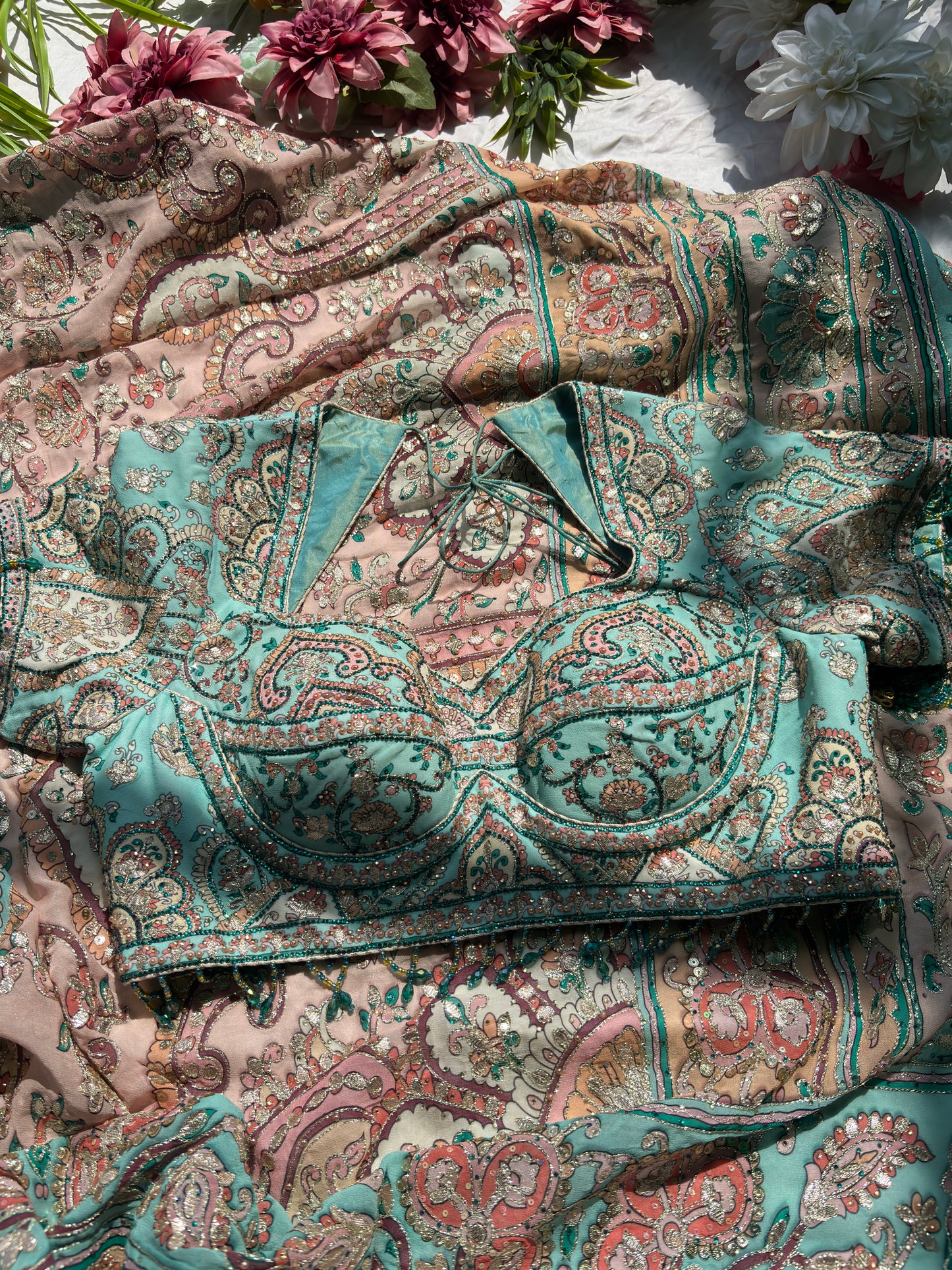 Pastel Designer Saree with Paisley Print & Sequin Embellished Blouse