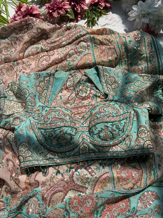 Pastel Designer Saree with Paisley Print & Sequin Embellished Blouse