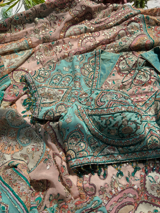 Pastel Designer Saree with Paisley Print & Sequin Embellished Blouse