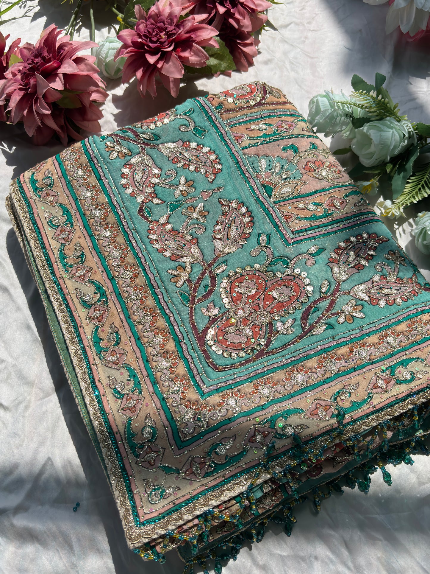 Pastel Designer Saree with Paisley Print & Sequin Embellished Blouse