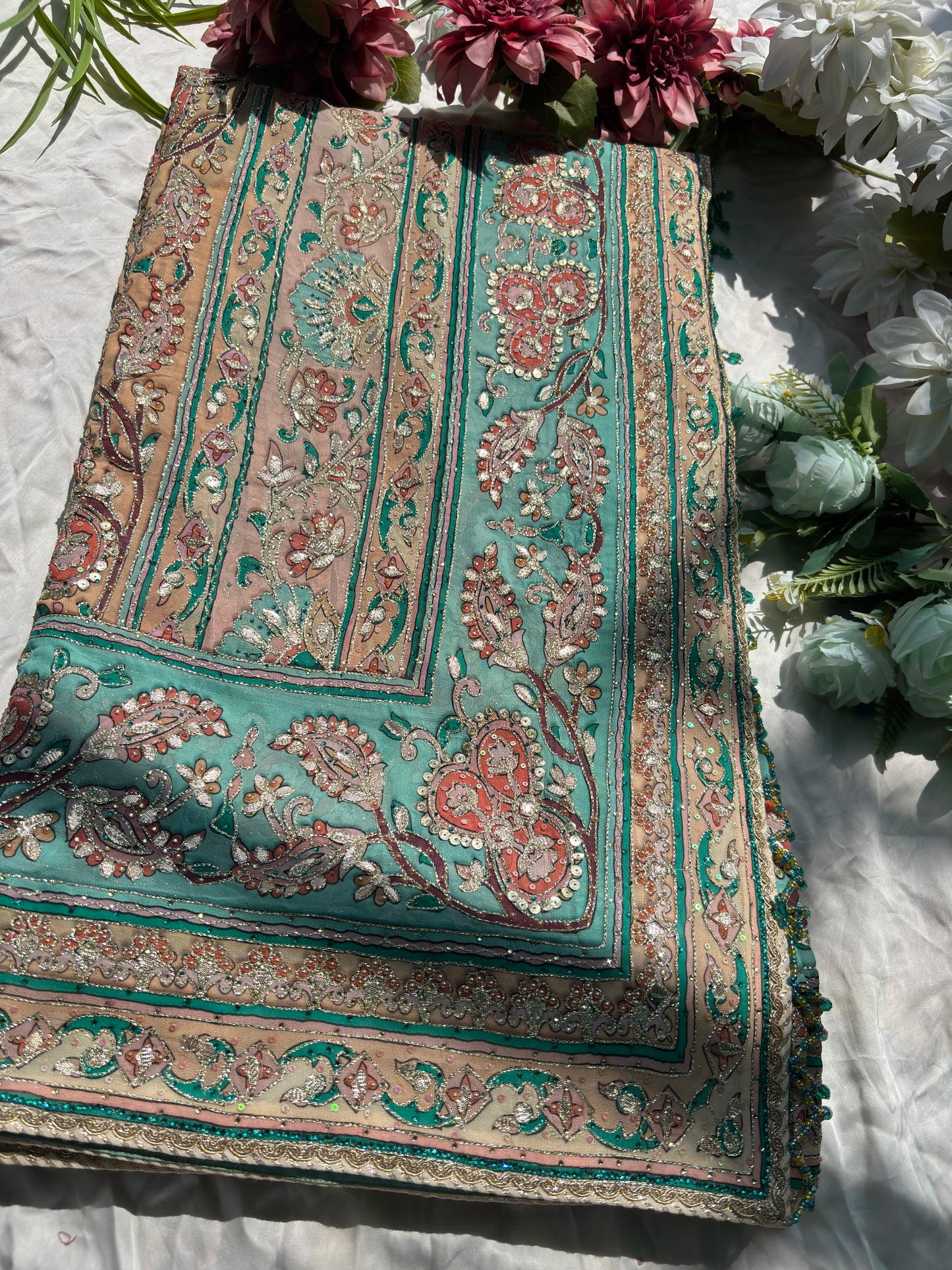 Pastel Designer Saree with Paisley Print & Sequin Embellished Blouse