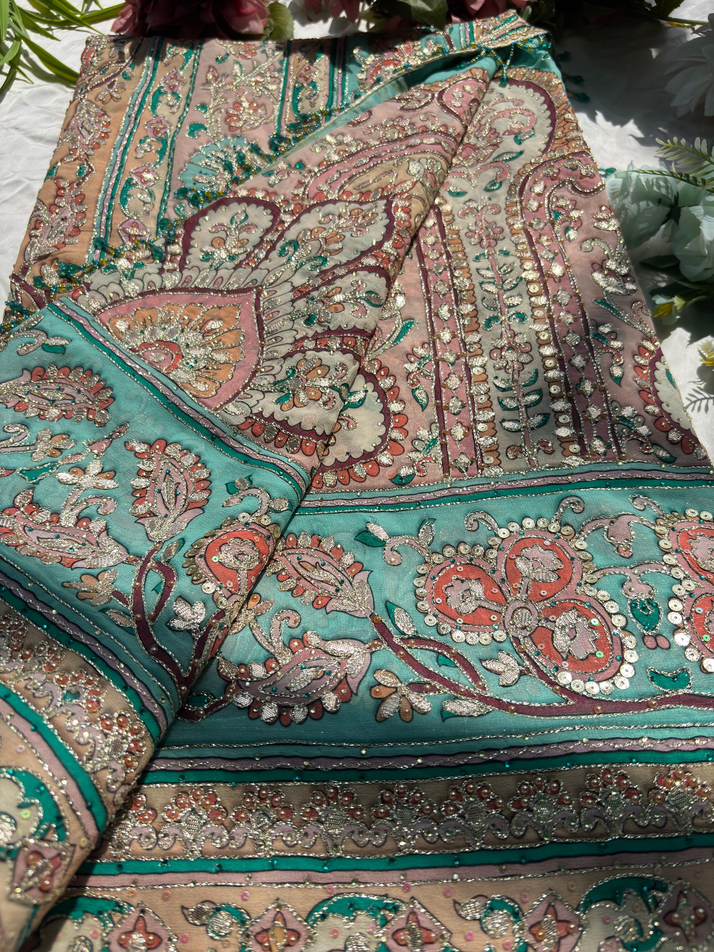 Pastel Designer Saree with Paisley Print & Sequin Embellished Blouse