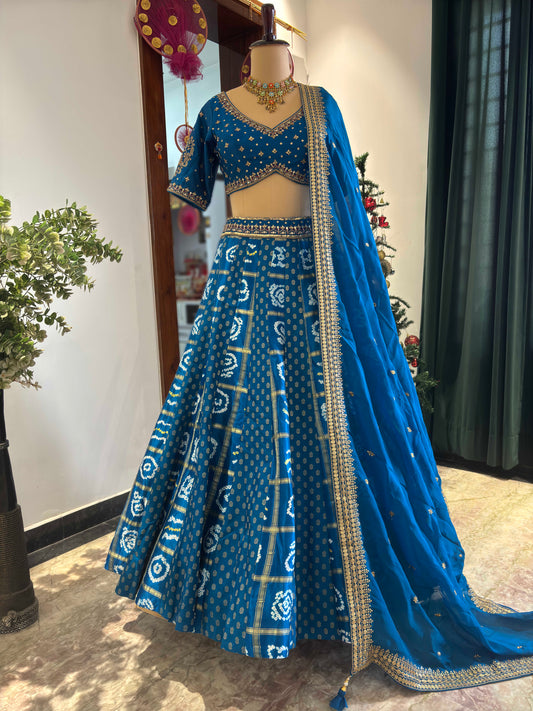 Royal Blue Bandhani Print Embroidered Lehenga Set