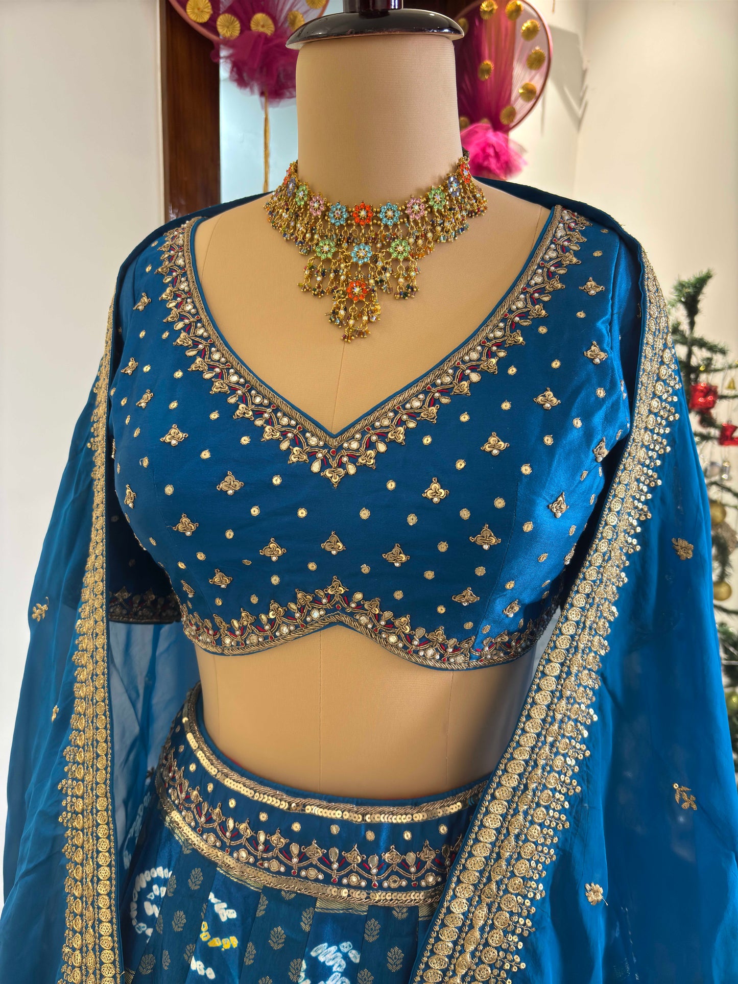Royal Blue Bandhani Print Embroidered Lehenga Set