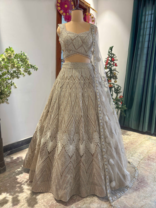 Silver Colour Hand Sequins & Pearl Lehenga