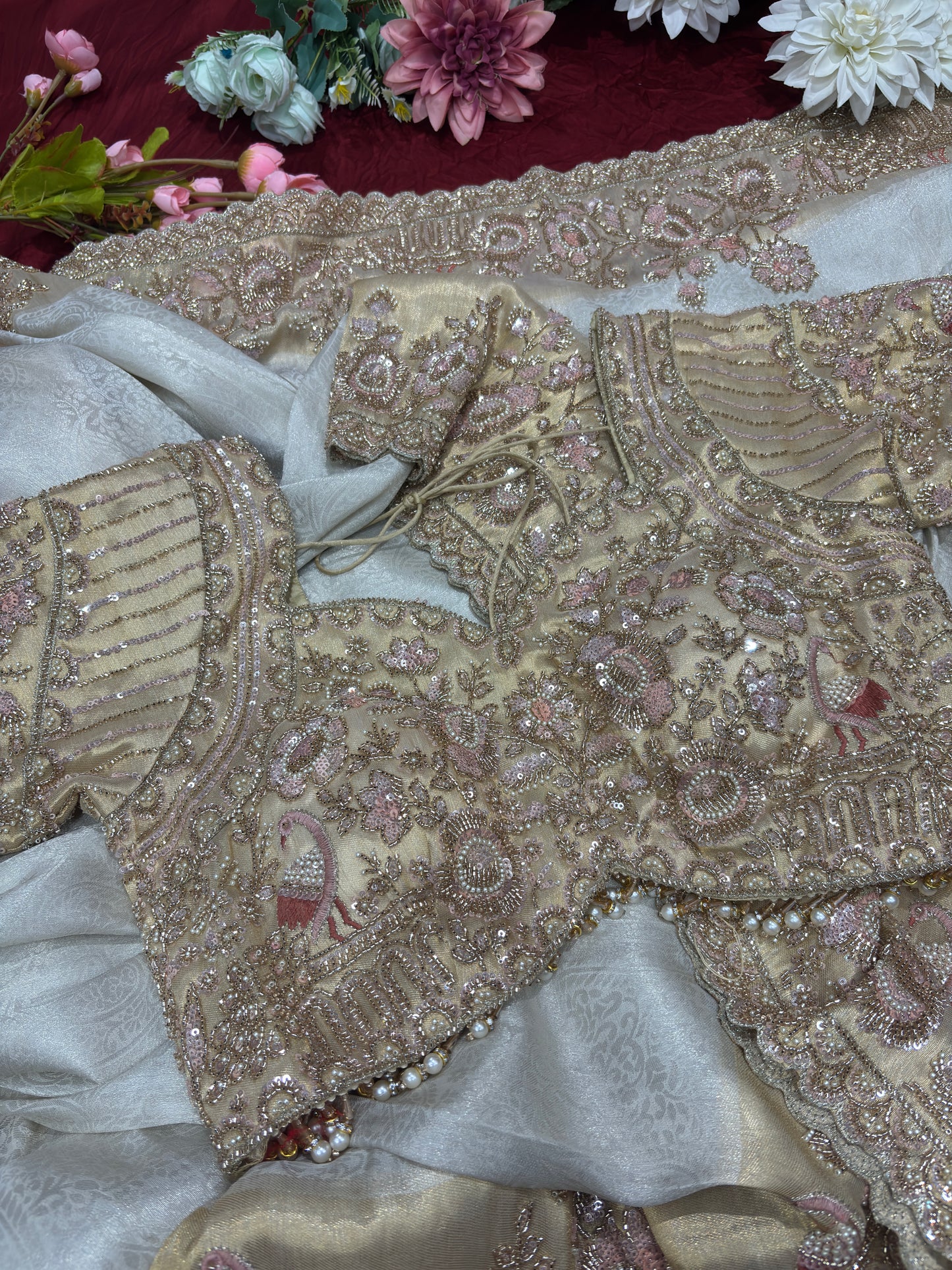 Ivory Gold Designer Saree with Floral Embroidery & Pearl Work Blouse