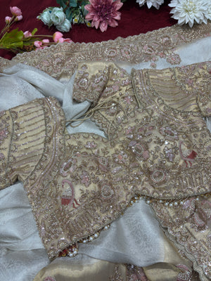 Ivory Gold Designer Saree with Floral Embroidery & Pearl Work Blouse