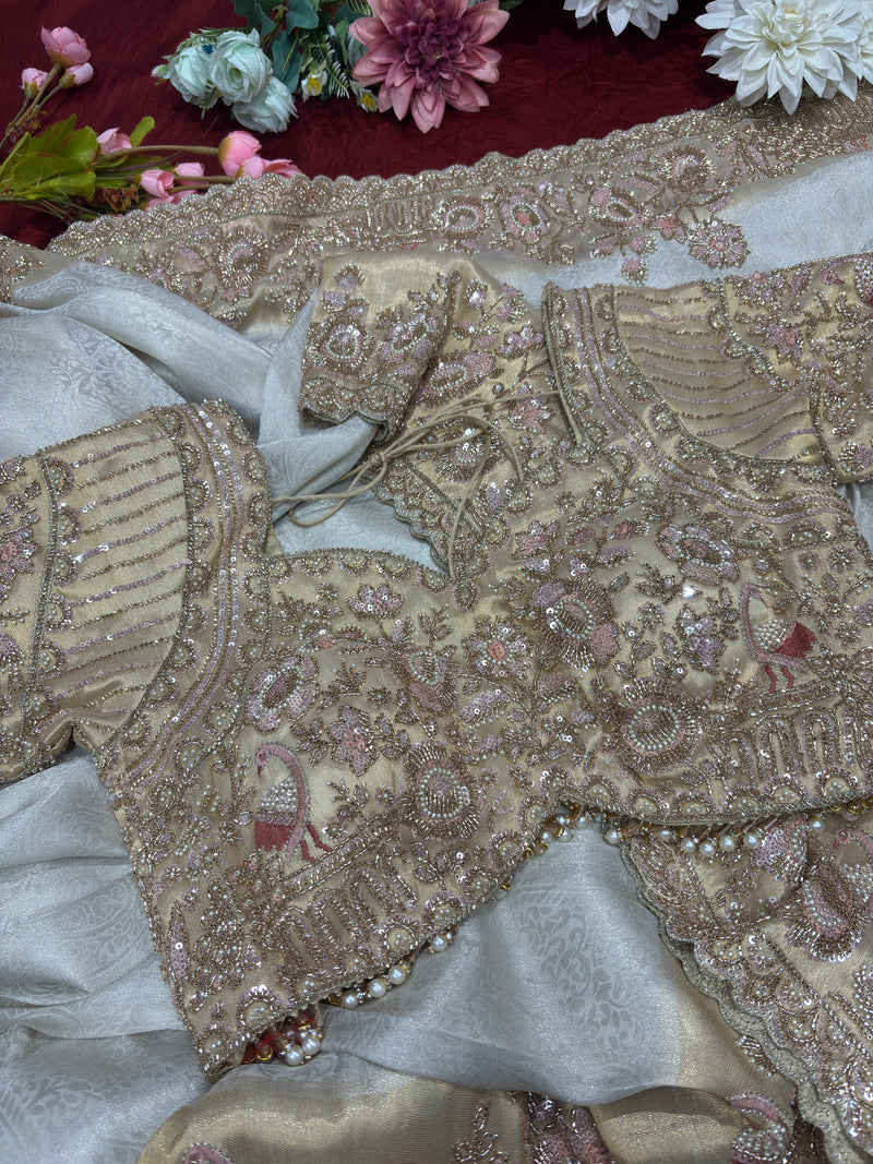 Ivory Gold Designer Saree with Floral Embroidery & Pearl Work Blouse