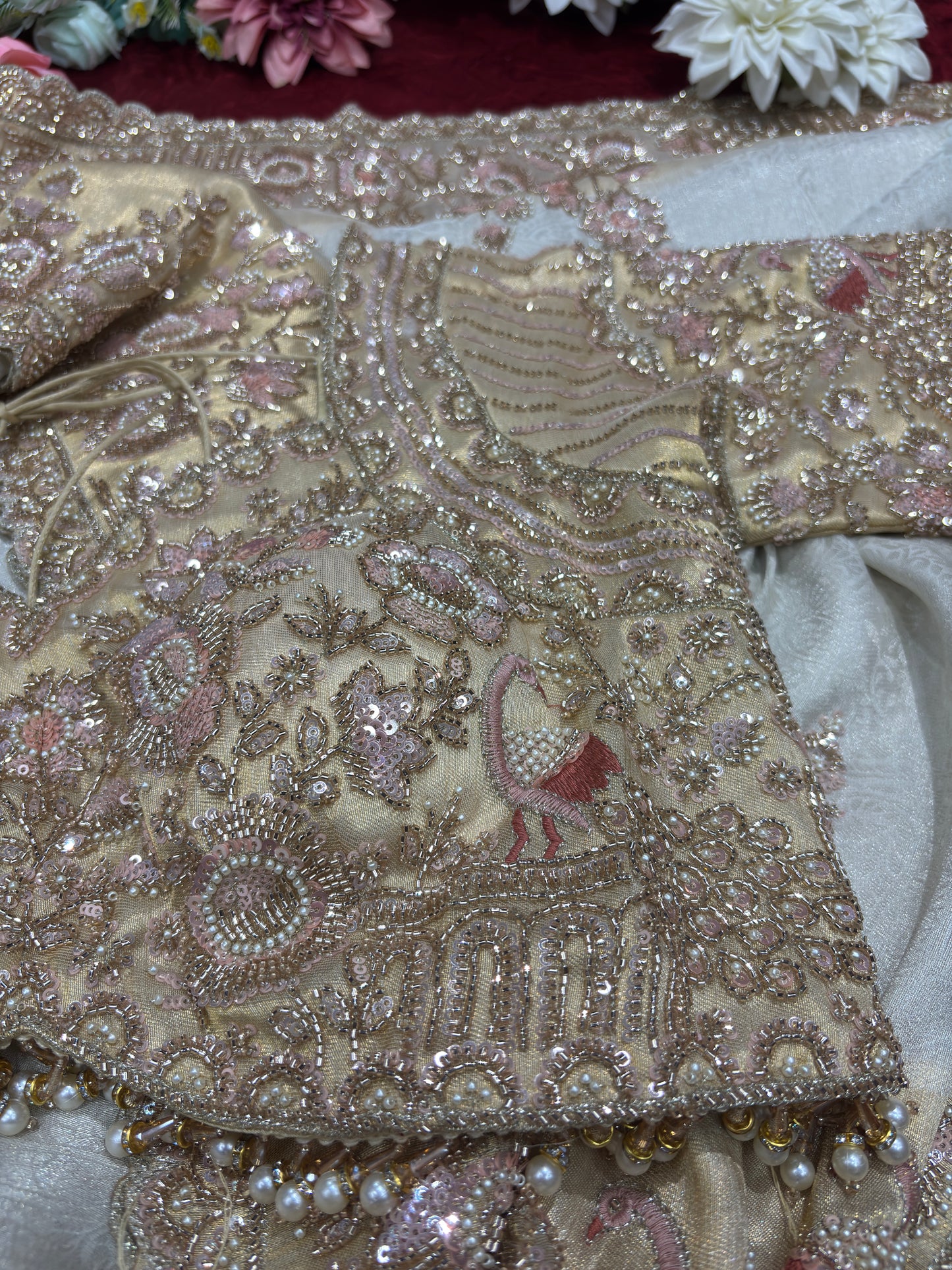 Ivory Gold Designer Saree with Floral Embroidery & Pearl Work Blouse