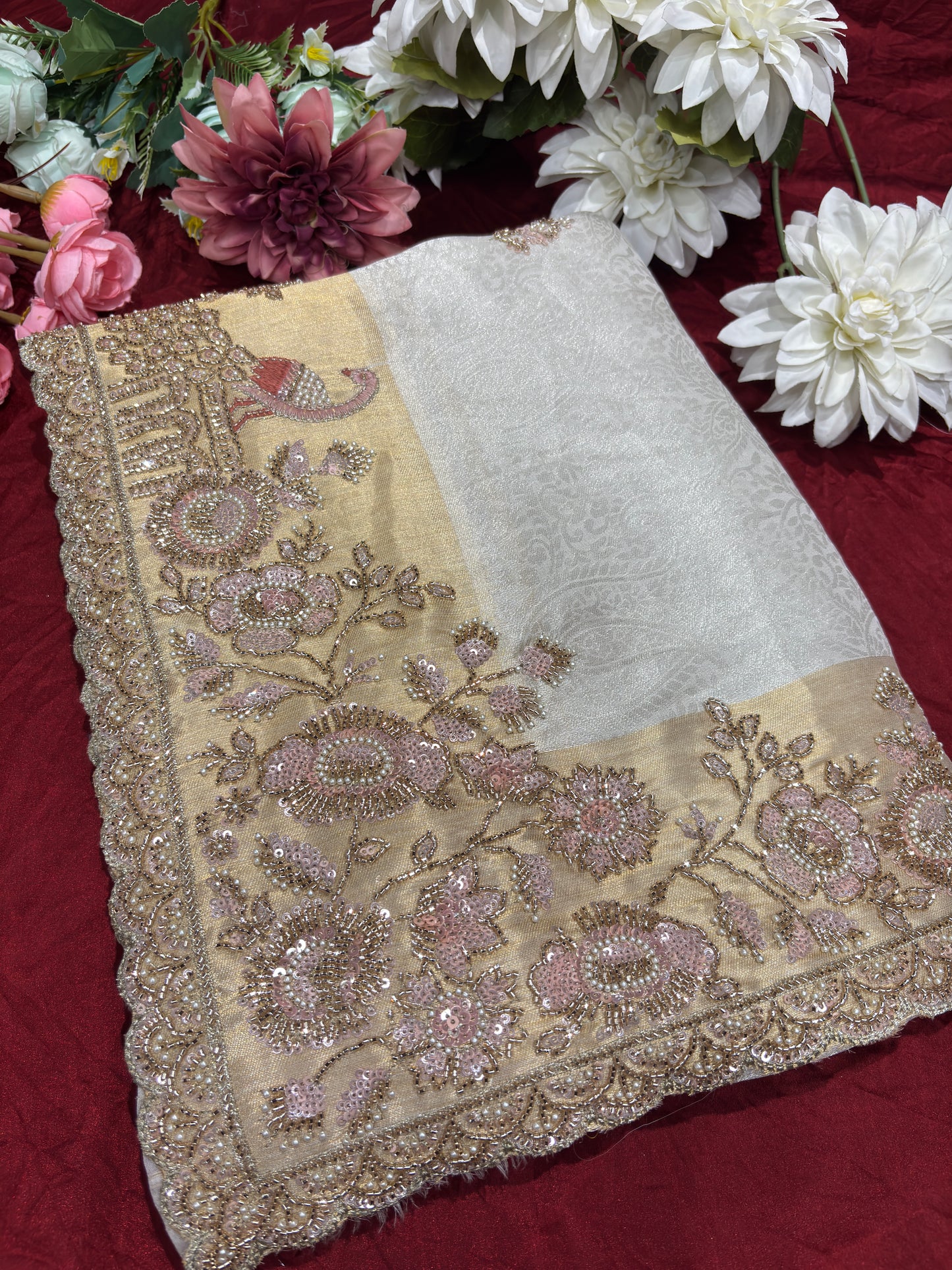Ivory Gold Designer Saree with Floral Embroidery & Pearl Work Blouse