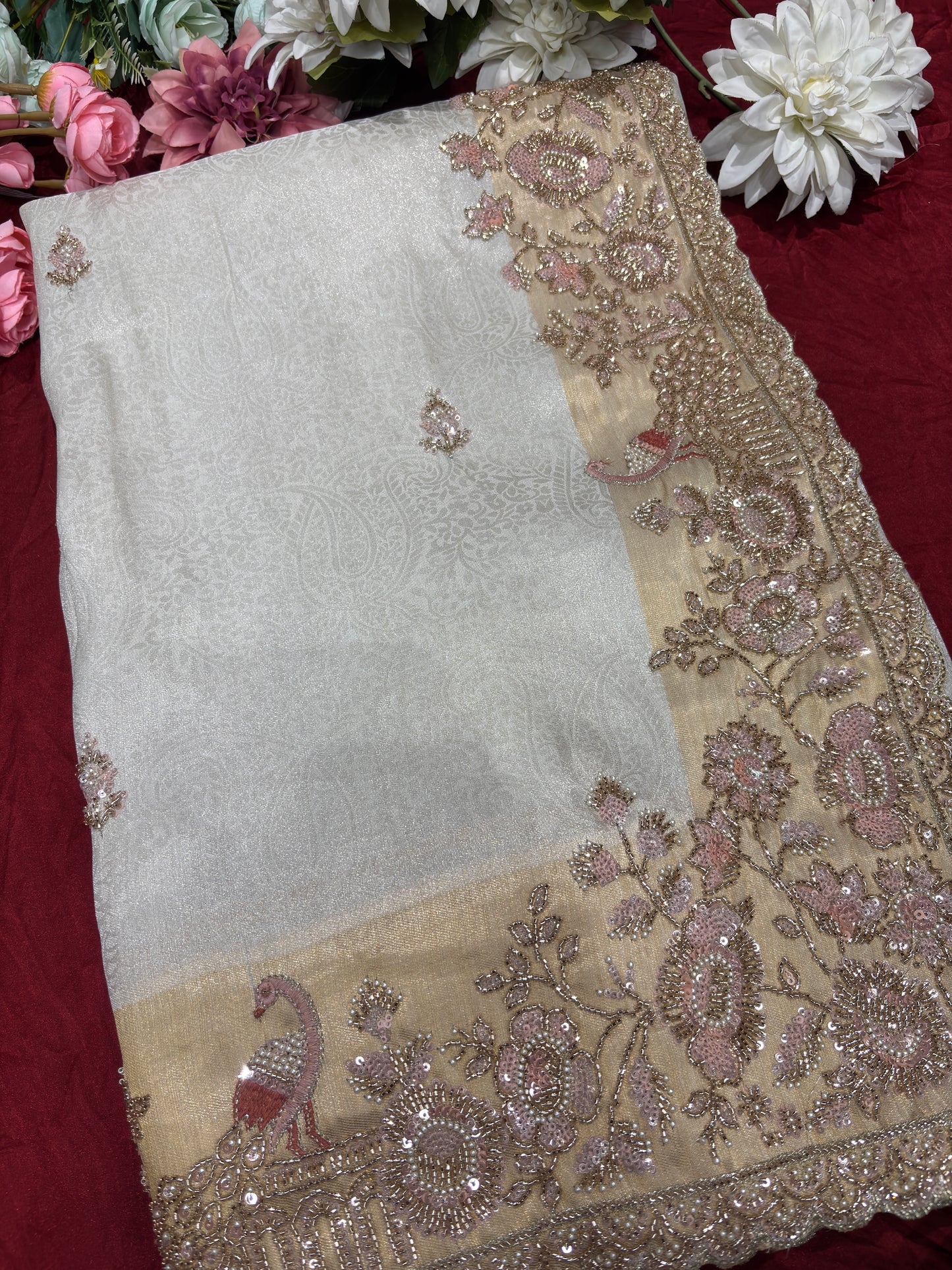 Ivory Gold Designer Saree with Floral Embroidery & Pearl Work Blouse
