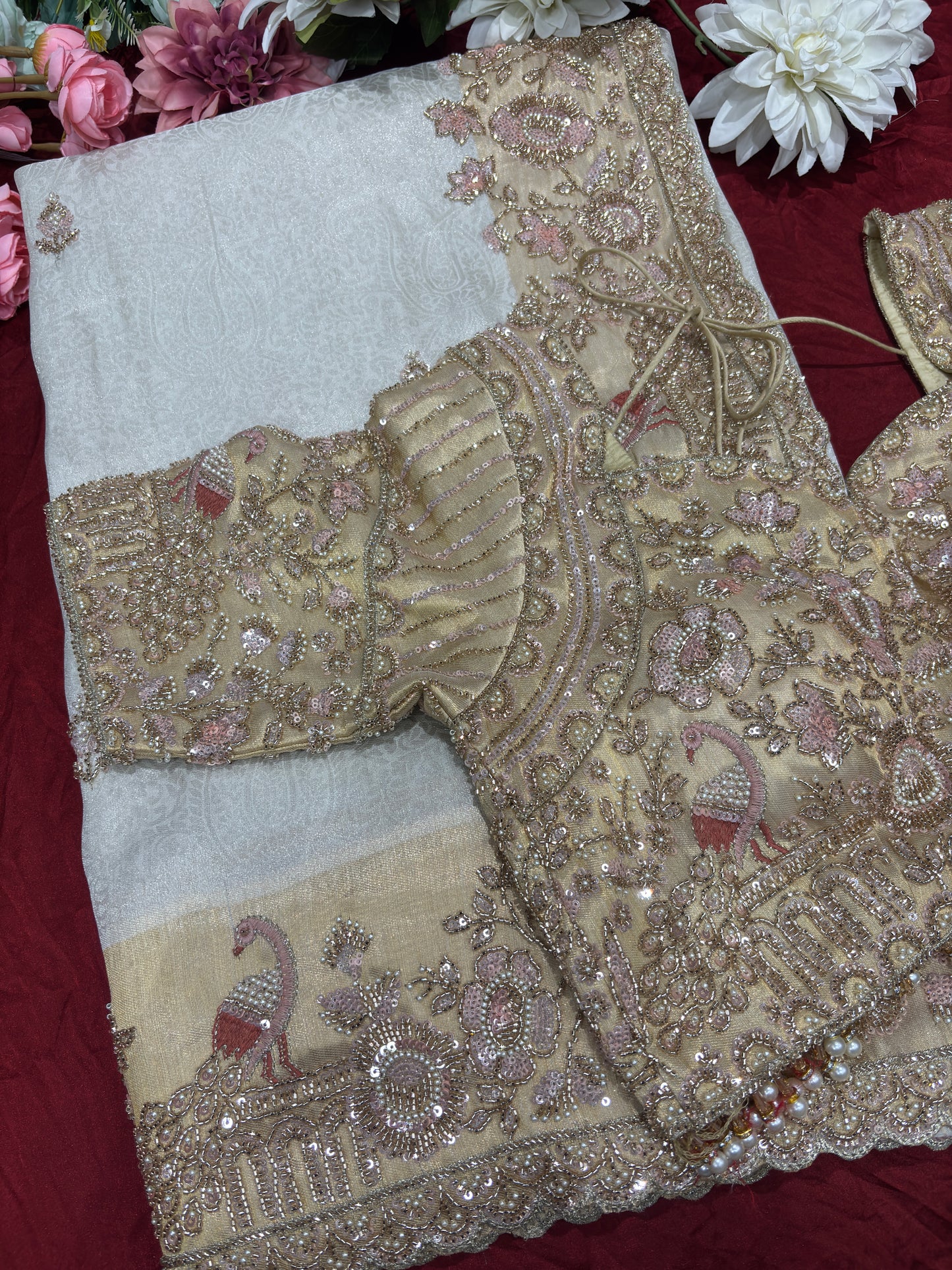 Ivory Gold Designer Saree with Floral Embroidery & Pearl Work Blouse