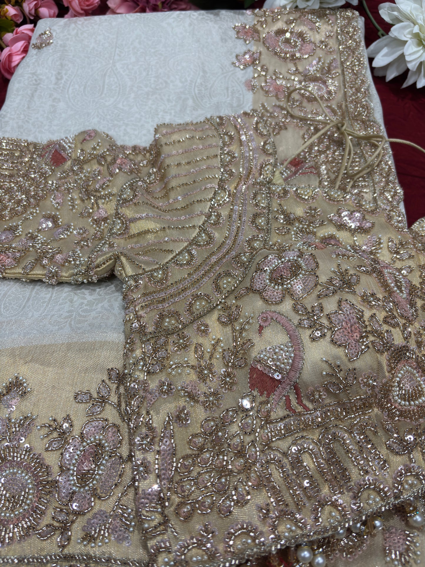 Ivory Gold Designer Saree with Floral Embroidery & Pearl Work Blouse