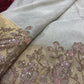 Ivory Gold Designer Saree with Floral Embroidery & Pearl Work Blouse