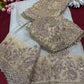 Ivory Gold Designer Saree with Floral Embroidery & Pearl Work Blouse