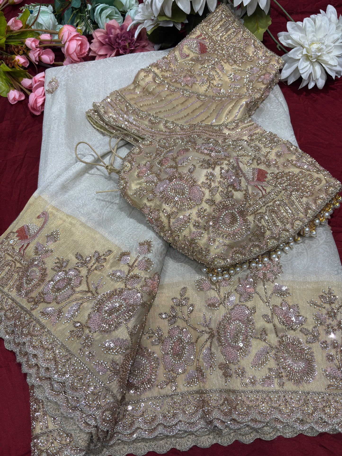 Ivory Gold Designer Saree with Floral Embroidery & Pearl Work Blouse