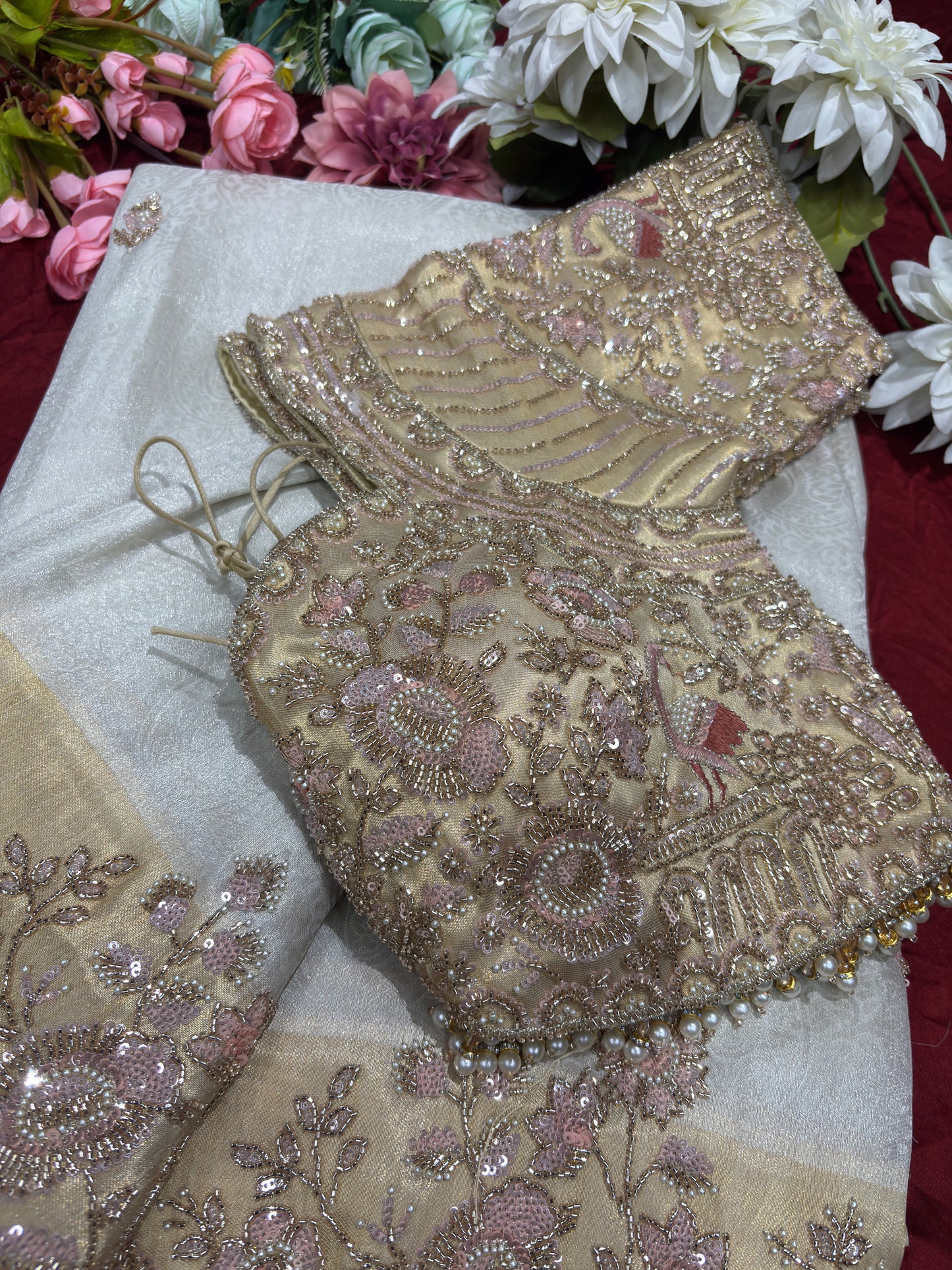 Ivory Gold Designer Saree with Floral Embroidery & Pearl Work Blouse
