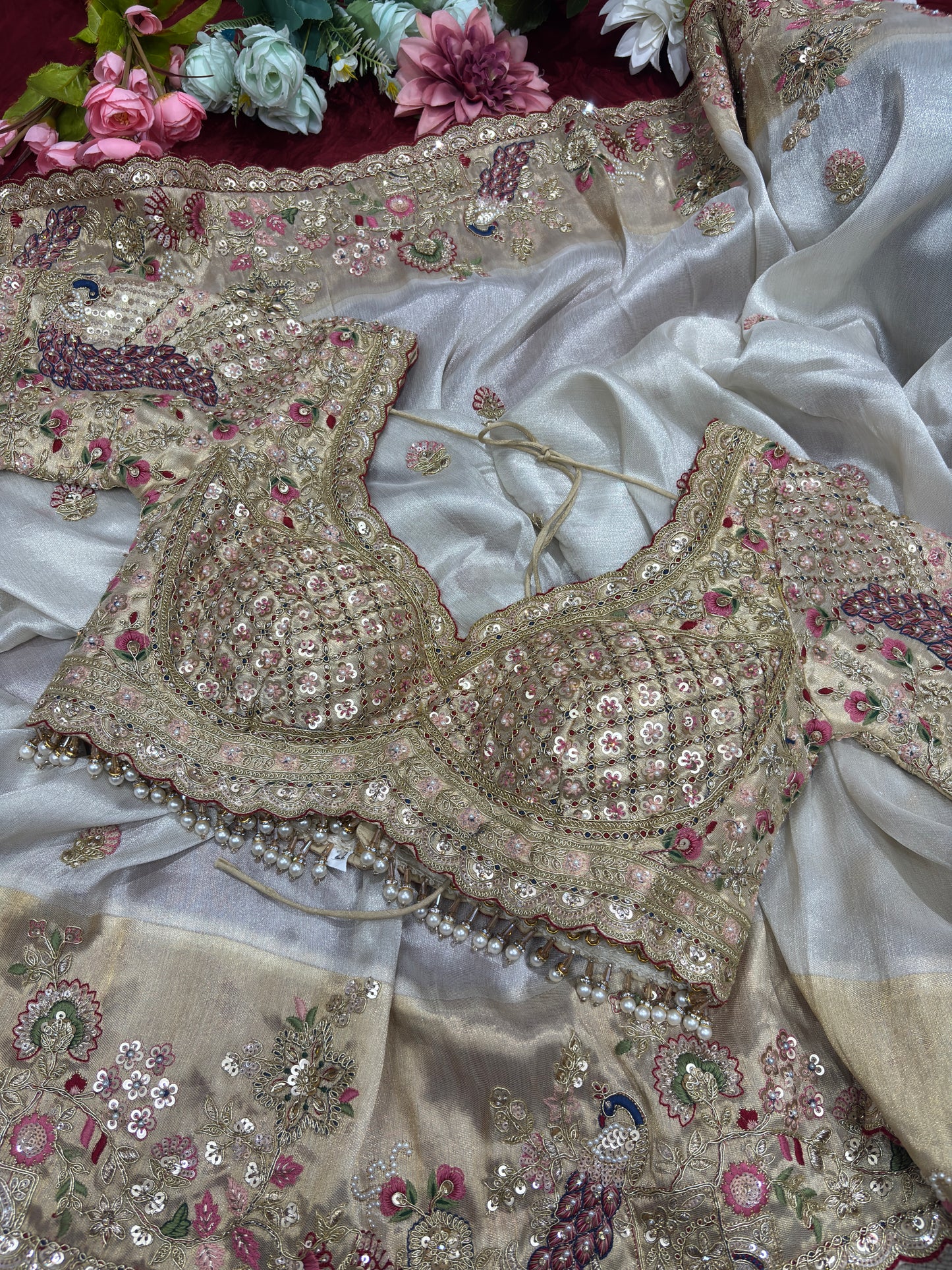 Elegant Ivory Silk Saree with Peacock Embroidery & Heavy Bridal Blouse