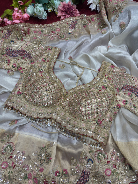 Elegant Ivory Silk Saree with Peacock Embroidery & Heavy Bridal Blouse