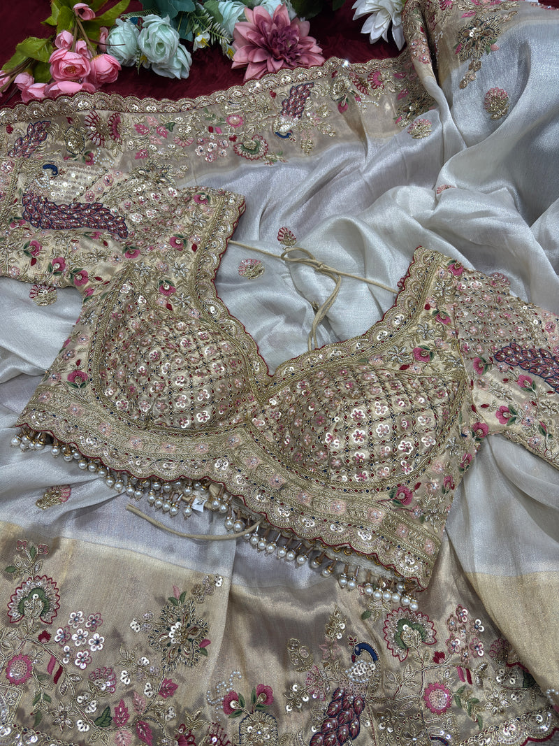 Elegant Ivory Silk Saree with Peacock Embroidery & Heavy Bridal Blouse