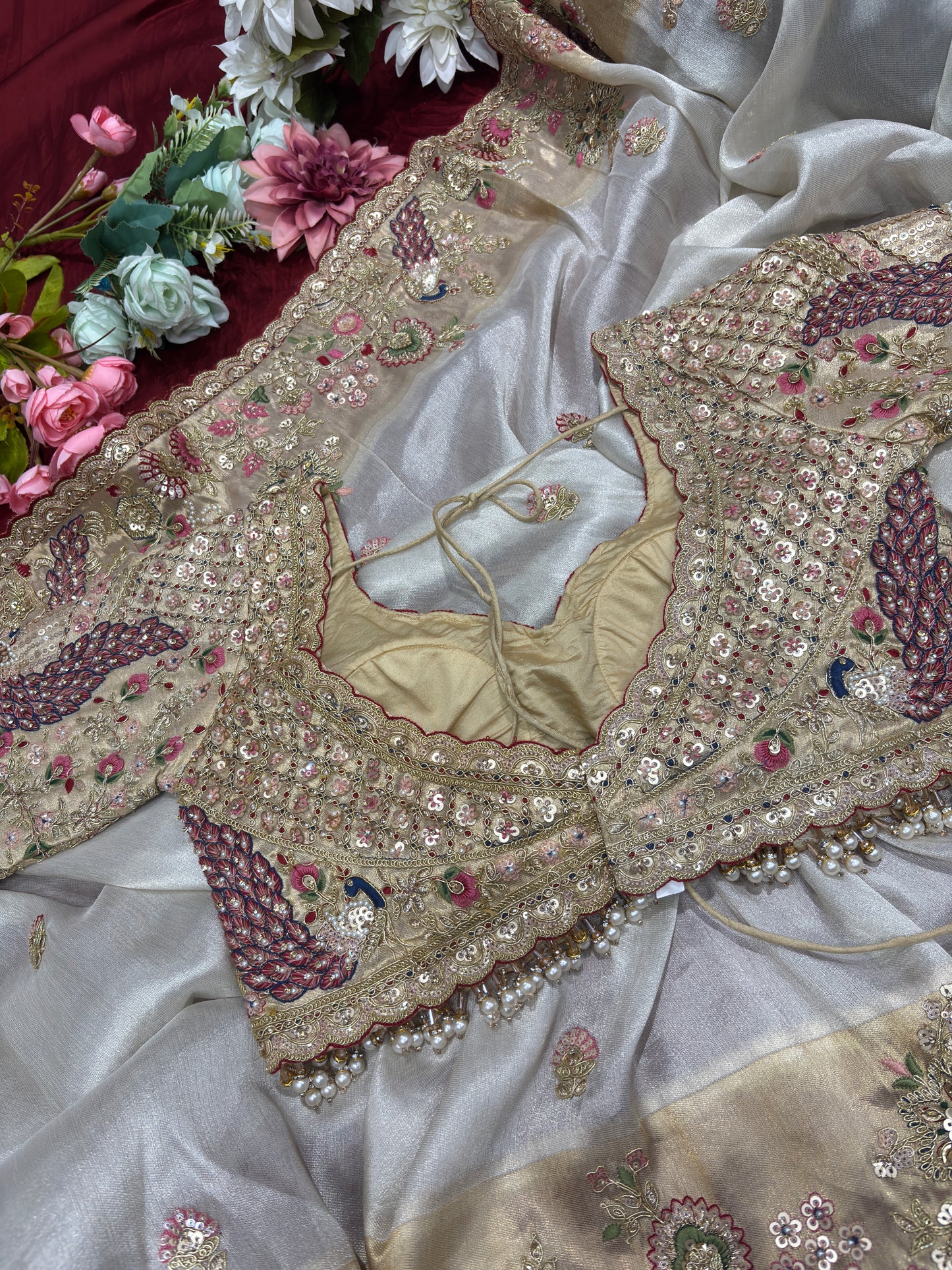 Elegant Ivory Silk Saree with Peacock Embroidery & Heavy Bridal Blouse