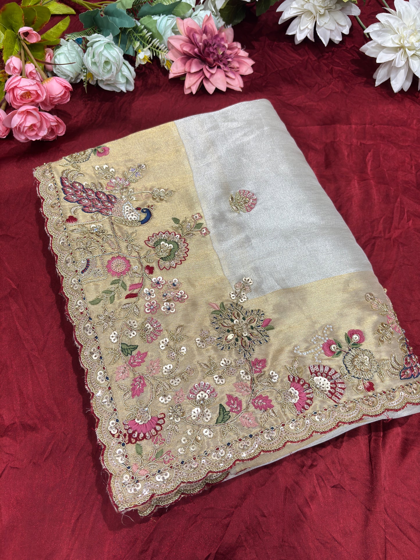 Elegant Ivory Silk Saree with Peacock Embroidery & Heavy Bridal Blouse