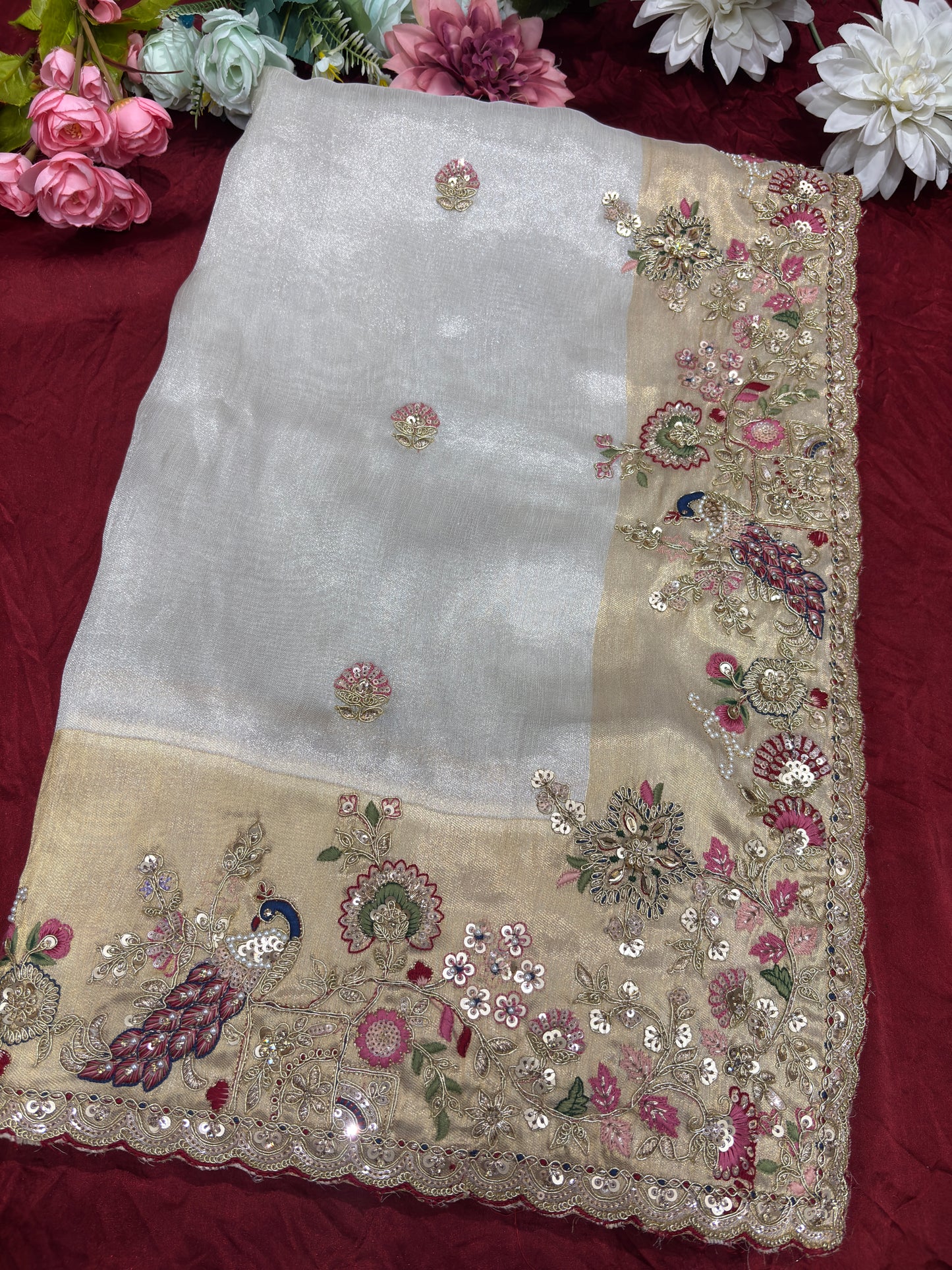 Elegant Ivory Silk Saree with Peacock Embroidery & Heavy Bridal Blouse