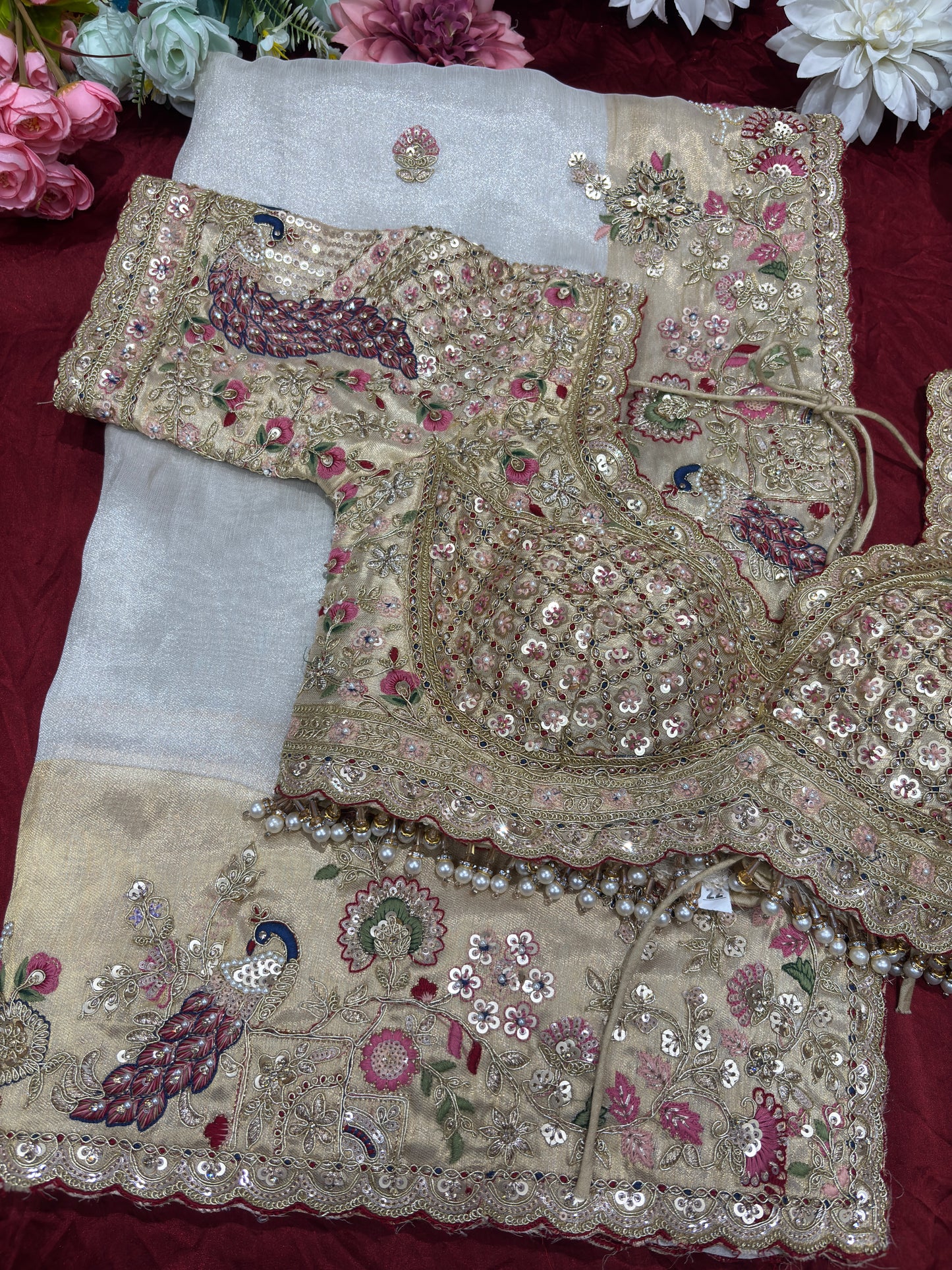 Elegant Ivory Silk Saree with Peacock Embroidery & Heavy Bridal Blouse