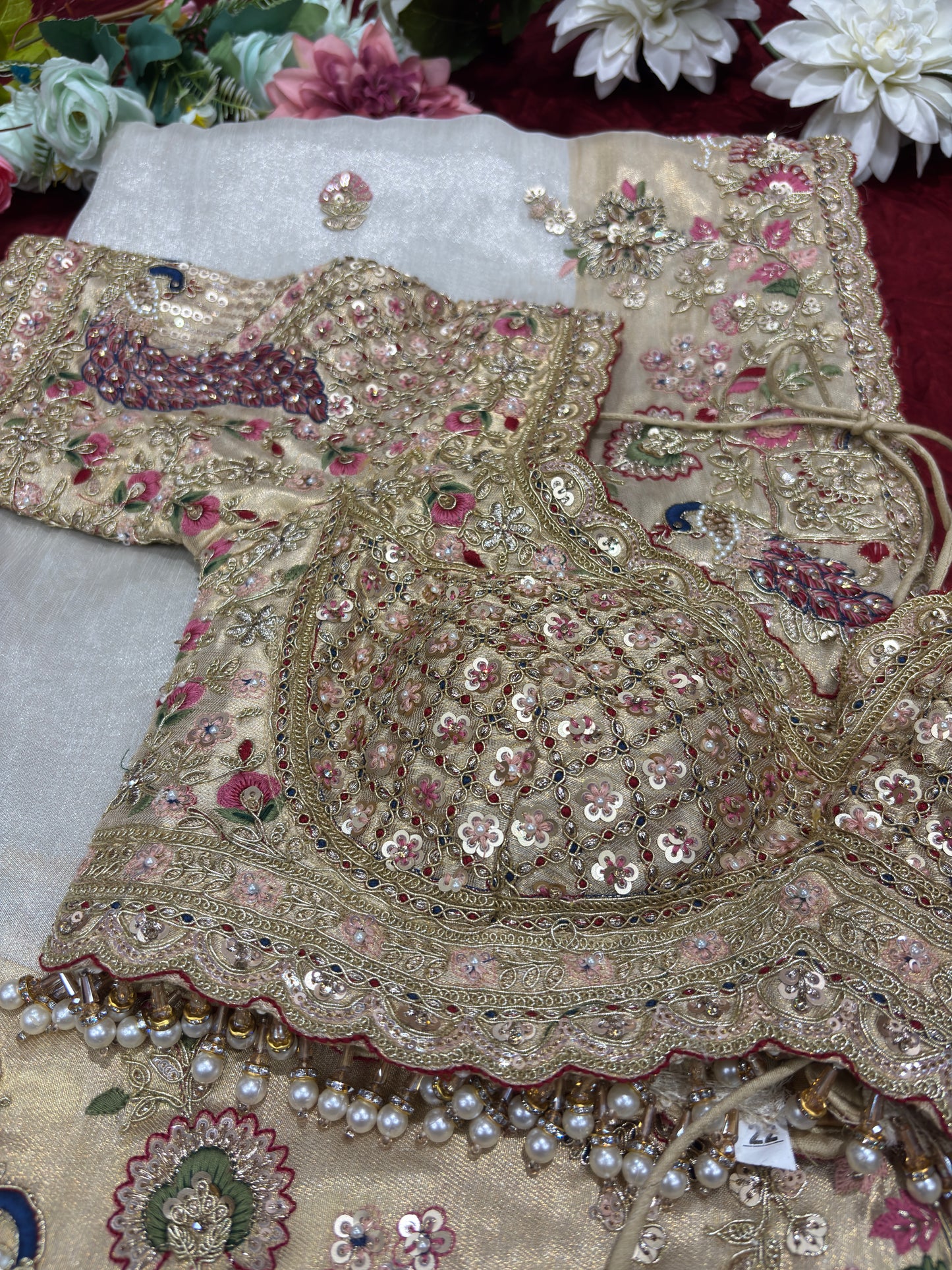 Elegant Ivory Silk Saree with Peacock Embroidery & Heavy Bridal Blouse